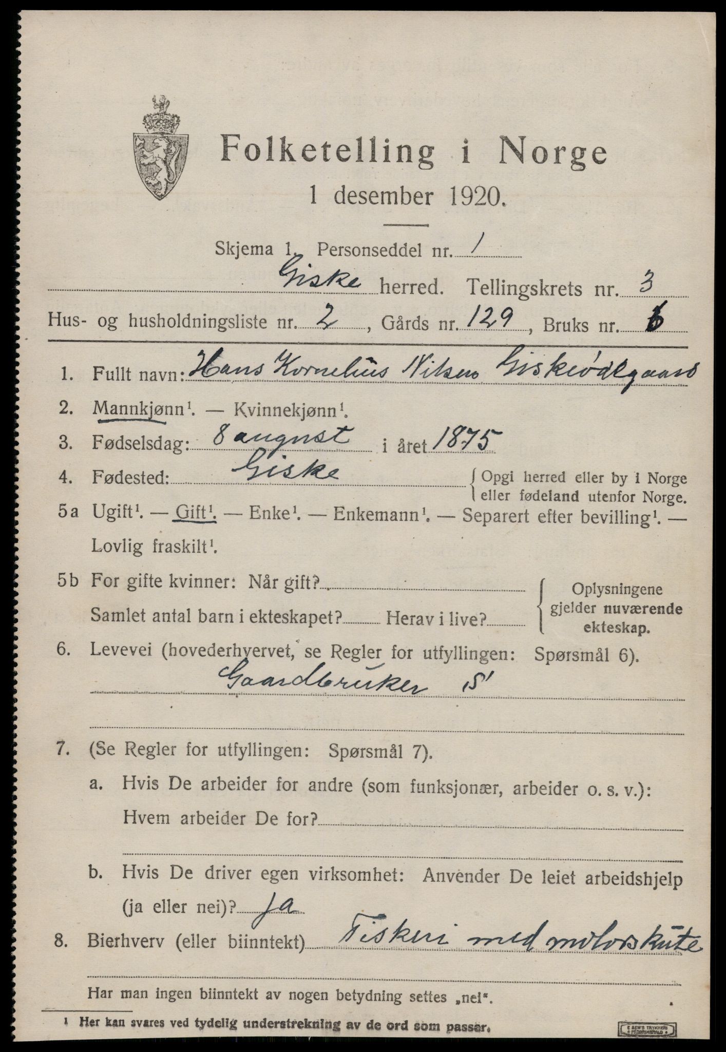 SAT, 1920 census for Giske, 1920, p. 1682