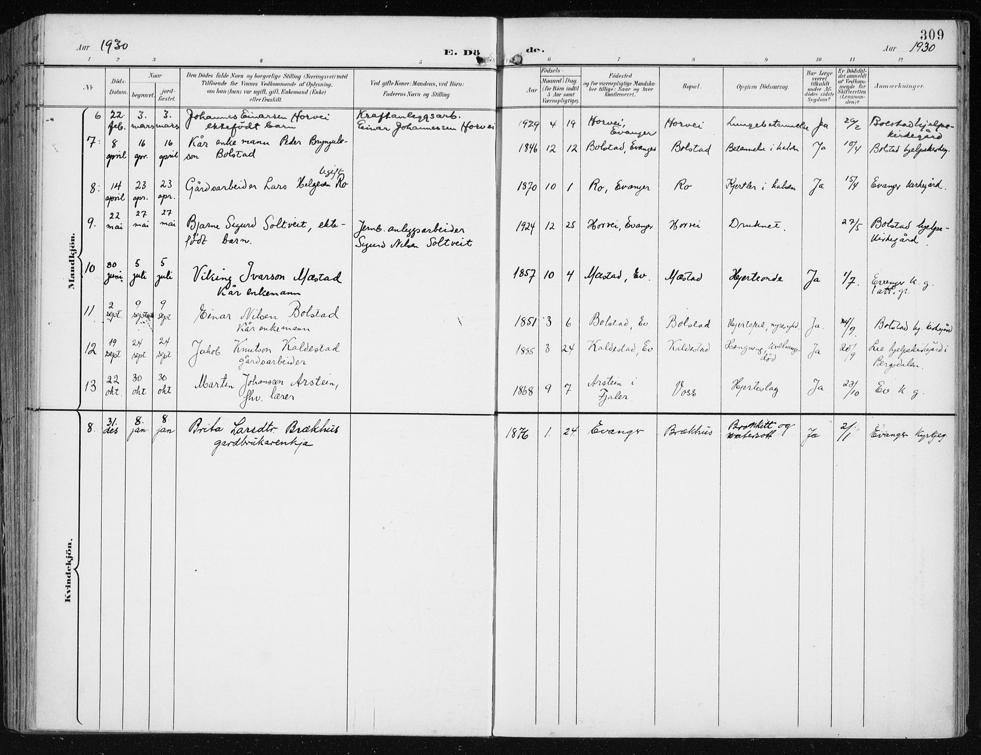 Evanger sokneprestembete, AV/SAB-A-99924: Parish register (official) no. A  3, 1900-1930, p. 309