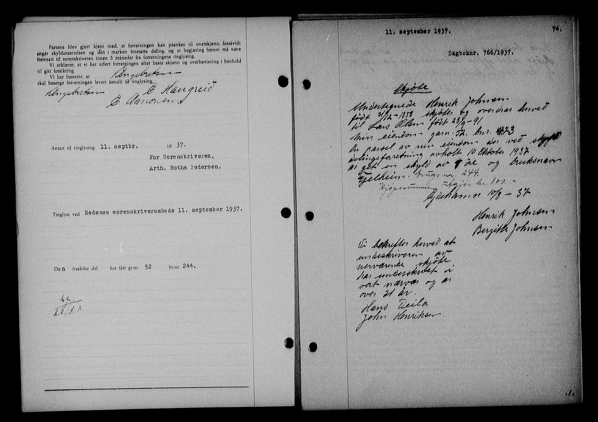 Nedenes sorenskriveri, SAK/1221-0006/G/Gb/Gba/L0044: Mortgage book no. 40, 1937-1938, Diary no: : 766/1937