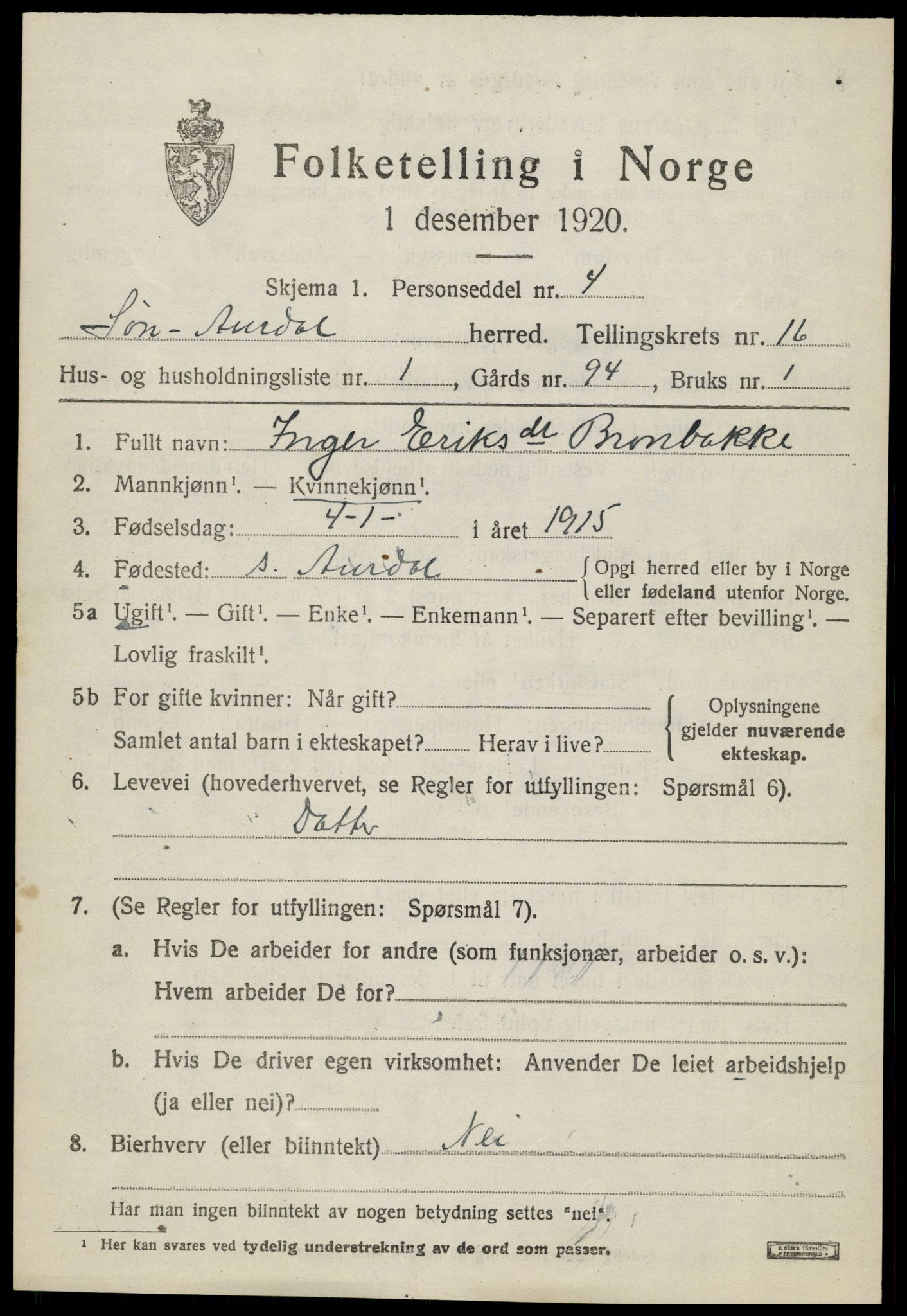 SAH, 1920 census for Sør-Aurdal, 1920, p. 9219