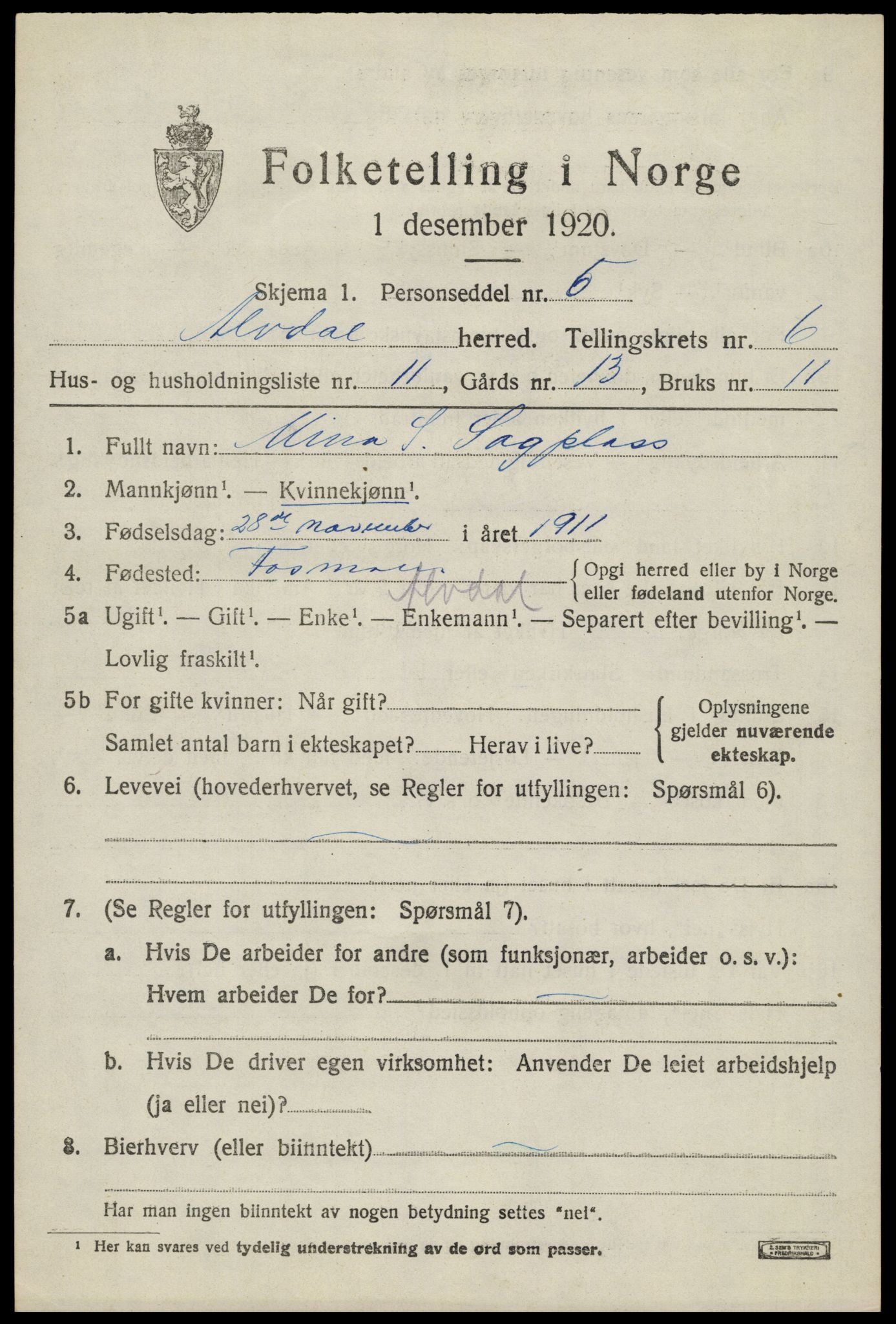 SAH, 1920 census for Alvdal, 1920, p. 3964