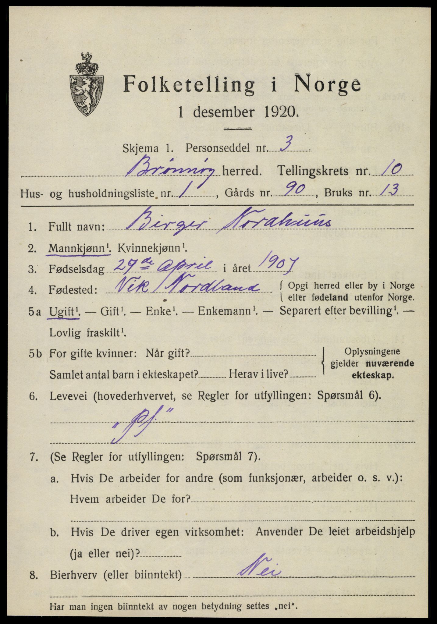 SAT, 1920 census for Brønnøy, 1920, p. 7588