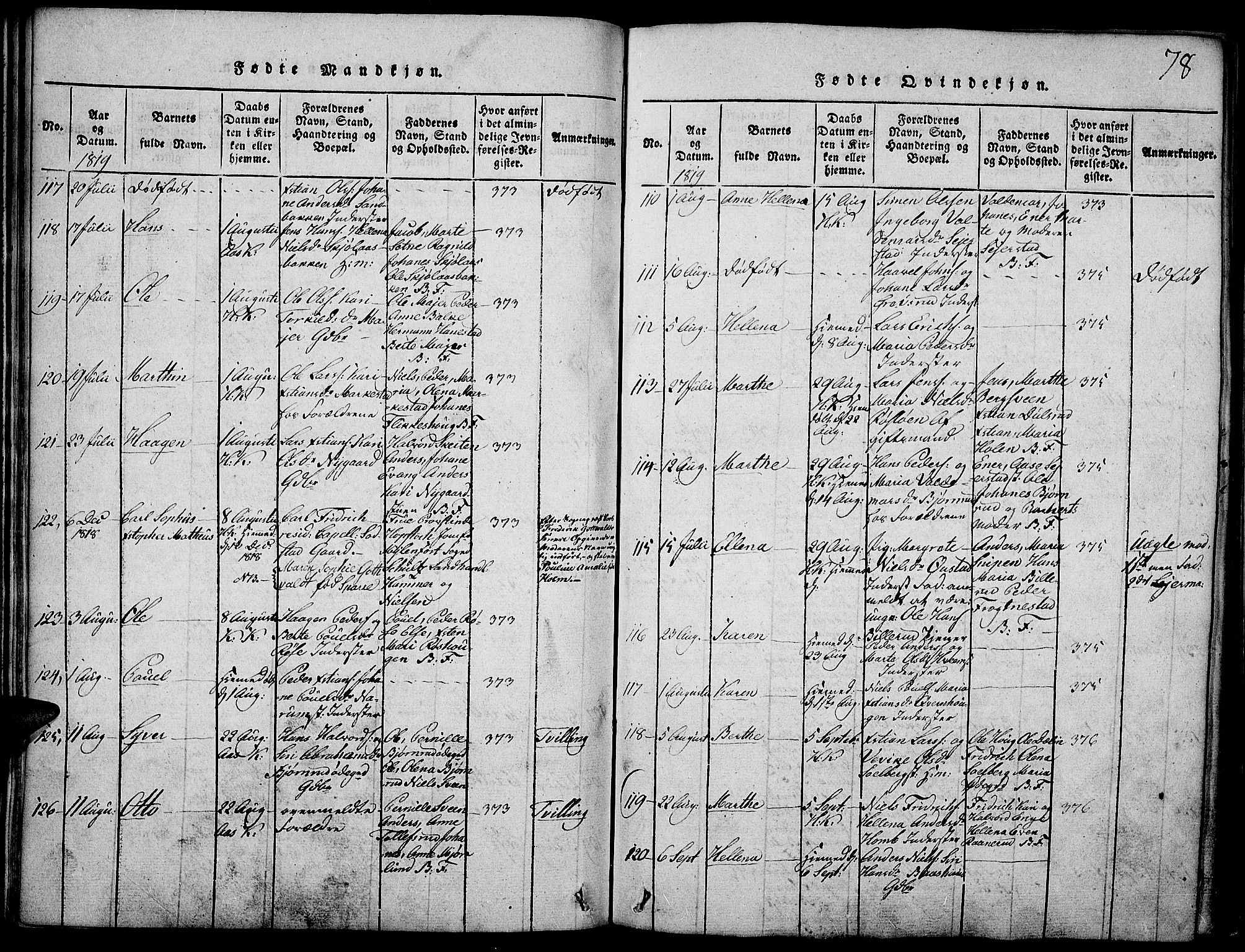 Toten prestekontor, SAH/PREST-102/H/Ha/Haa/L0009: Parish register (official) no. 9, 1814-1820, p. 78