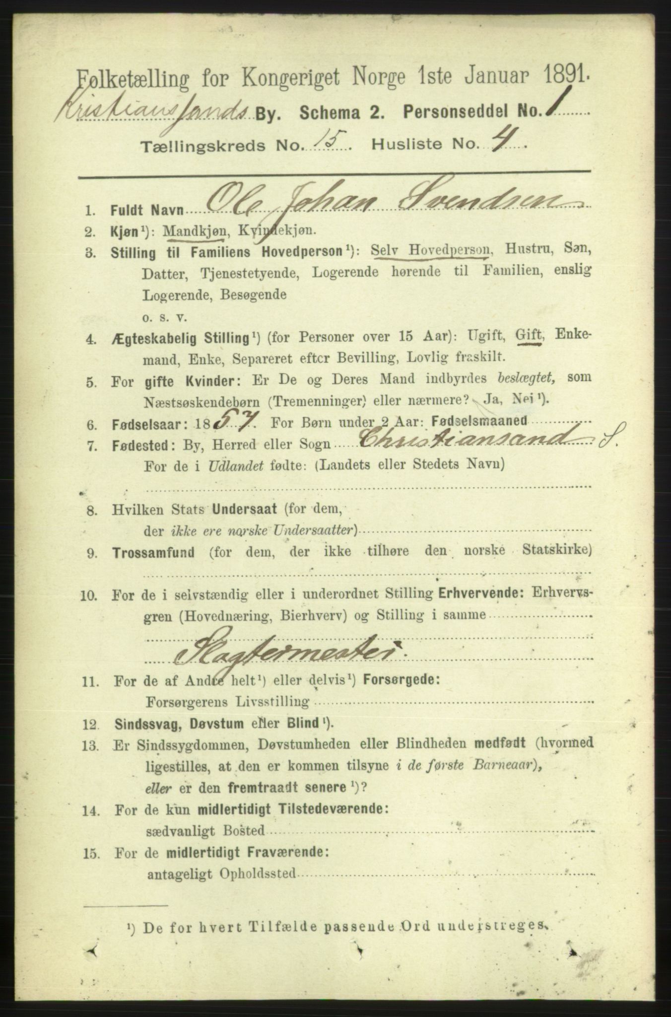 RA, 1891 census for 1001 Kristiansand, 1891, p. 6333