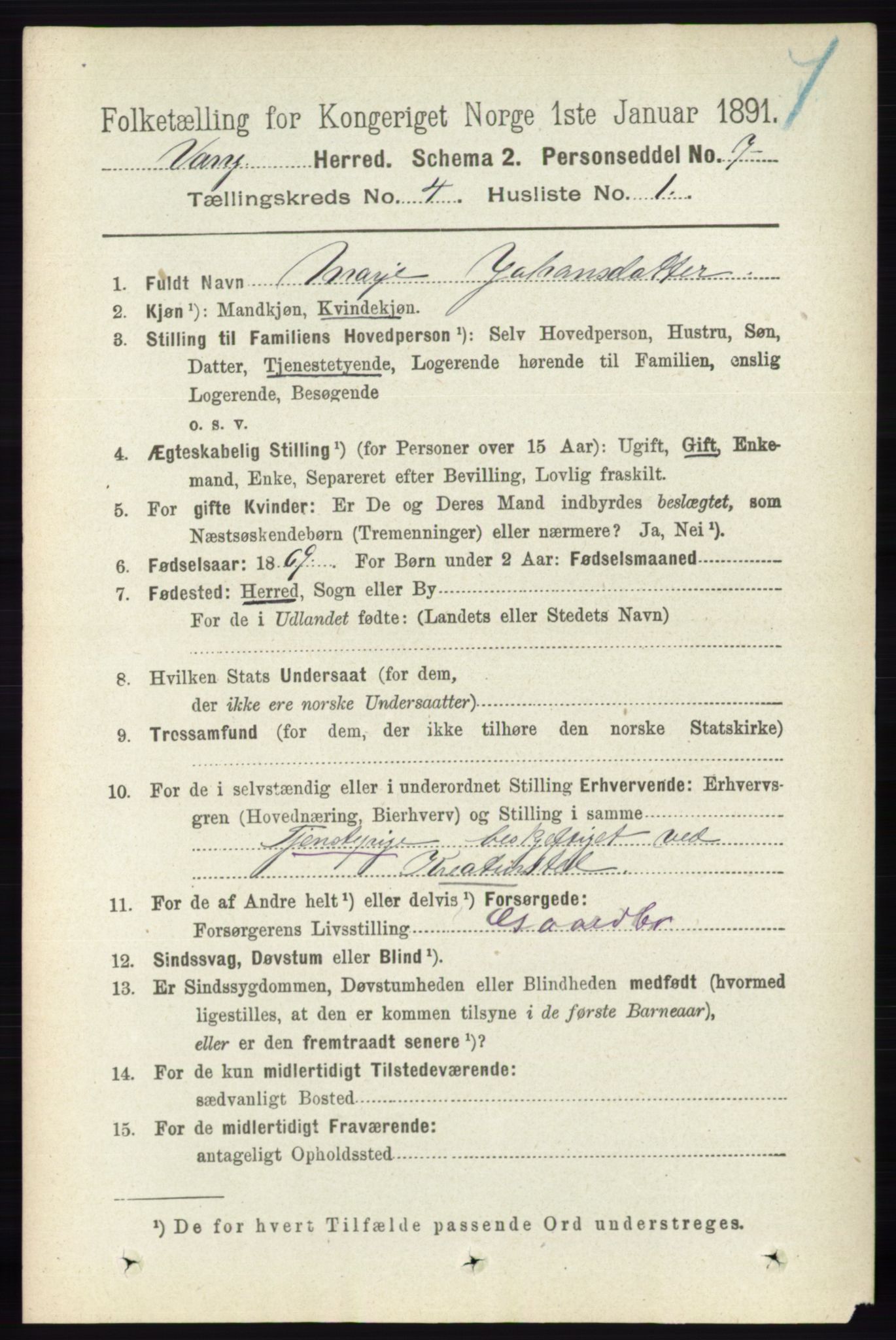 RA, 1891 census for 0414 Vang, 1891, p. 2754