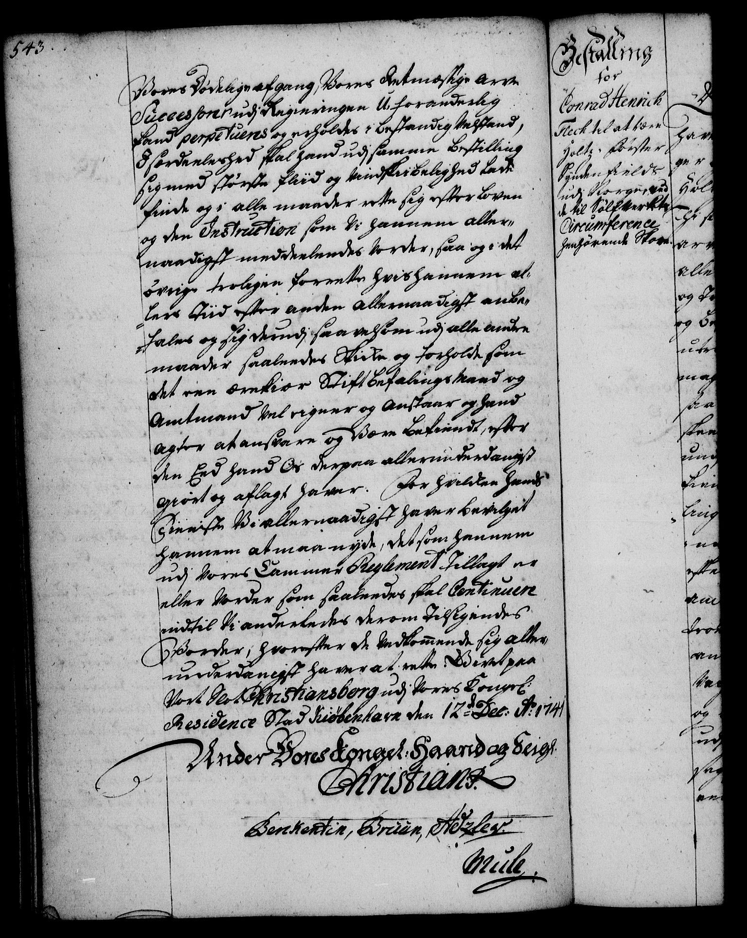 Rentekammeret, Kammerkanselliet, RA/EA-3111/G/Gg/Gge/L0002: Norsk bestallingsprotokoll med register (merket RK 53.26), 1730-1744, p. 543