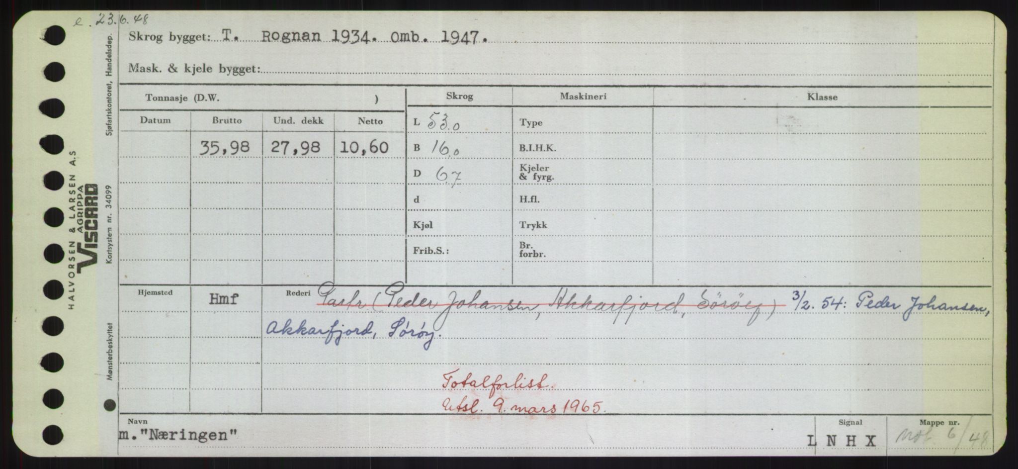 Sjøfartsdirektoratet med forløpere, Skipsmålingen, RA/S-1627/H/Hd/L0027: Fartøy, Norhop-Nør, p. 499