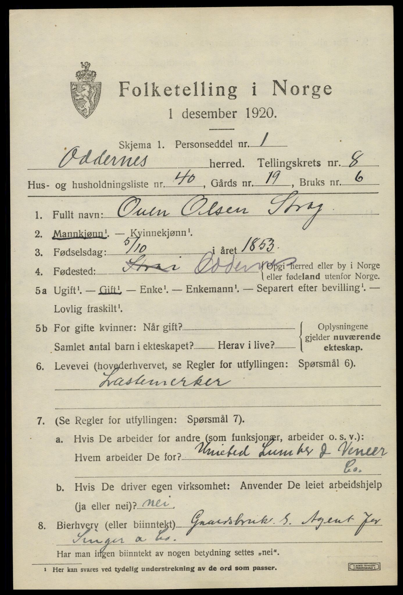 SAK, 1920 census for Oddernes, 1920, p. 6033