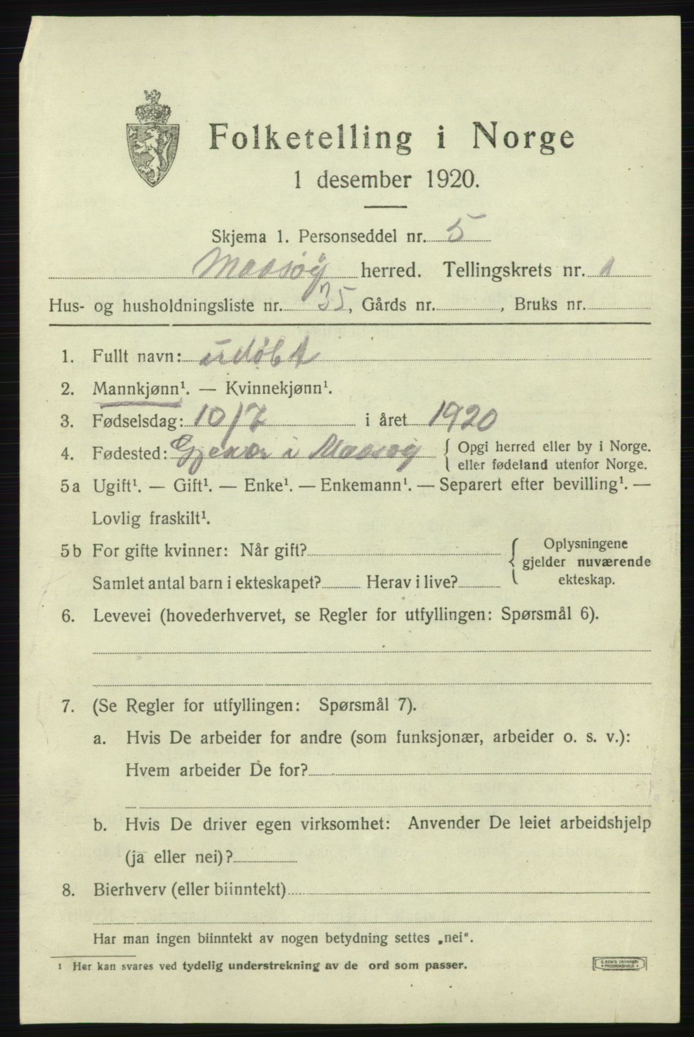 SATØ, 1920 census for Måsøy, 1920, p. 1212