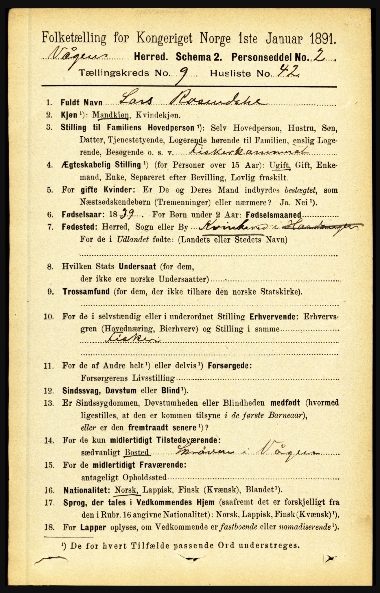 RA, 1891 census for 1865 Vågan, 1891, p. 2519