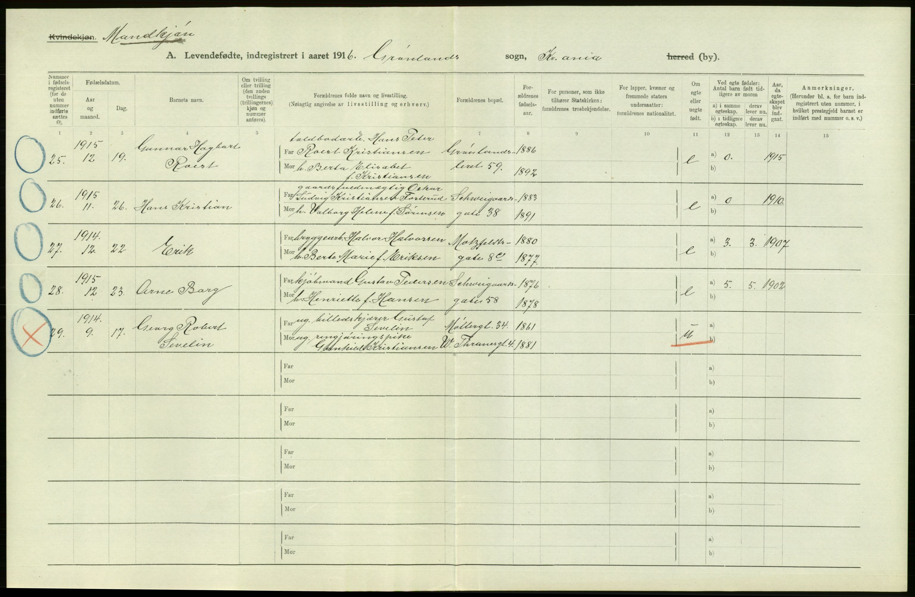 Statistisk sentralbyrå, Sosiodemografiske emner, Befolkning, AV/RA-S-2228/D/Df/Dfb/Dfbf/L0007: Kristiania: Levendefødte menn og kvinner., 1916, p. 562