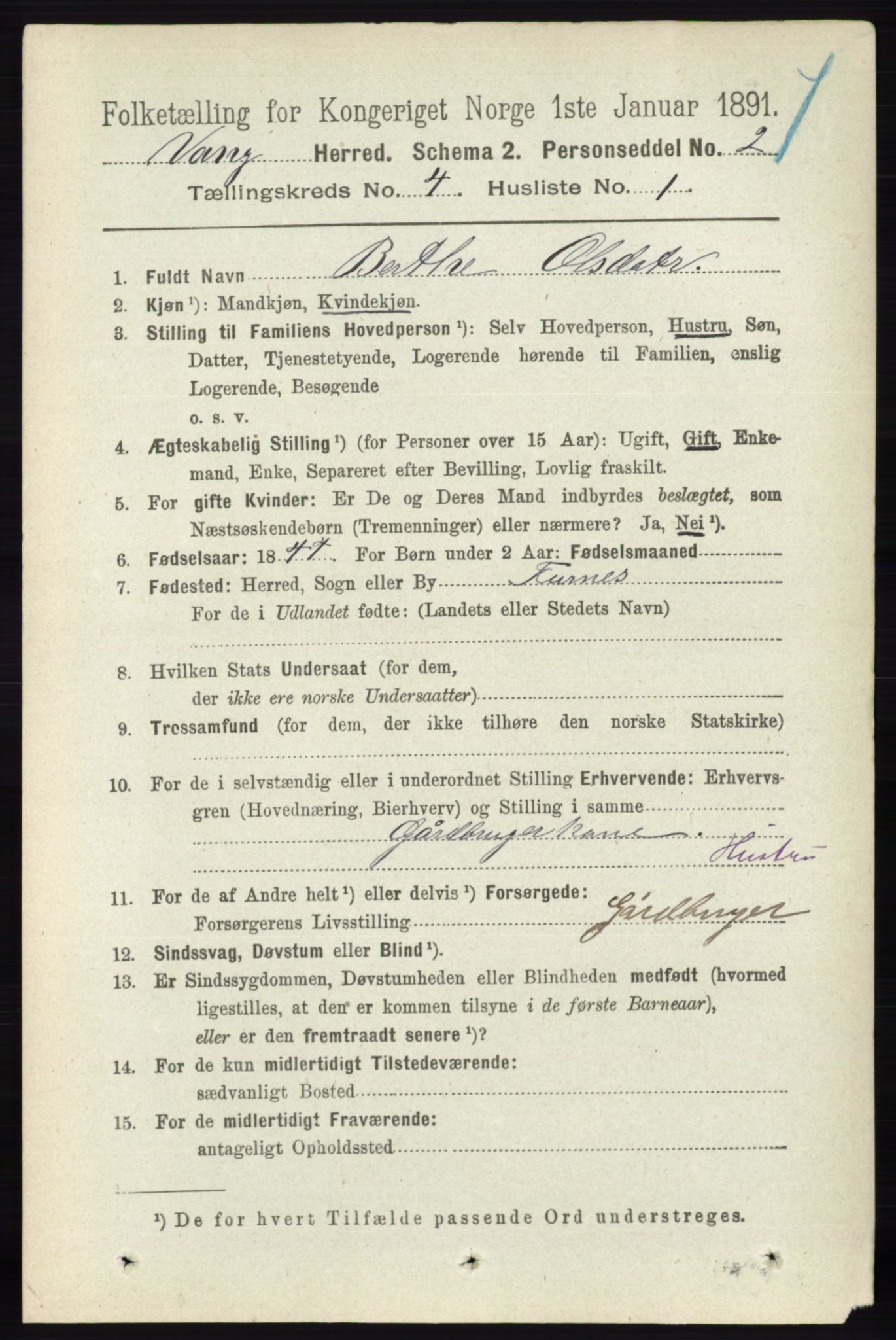 RA, 1891 census for 0414 Vang, 1891, p. 2749