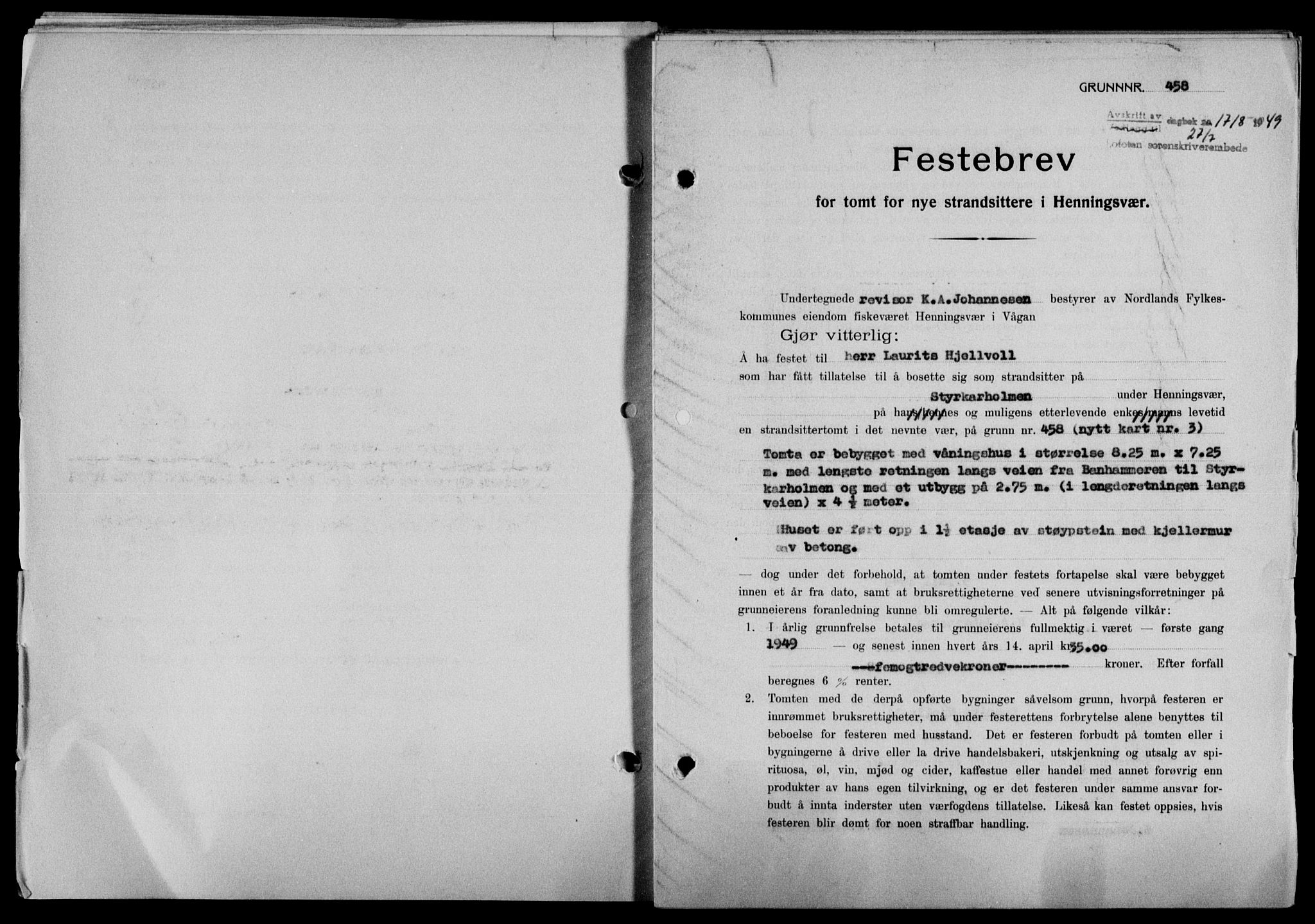 Lofoten sorenskriveri, SAT/A-0017/1/2/2C/L0021a: Mortgage book no. 21a, 1949-1949, Diary no: : 1718/1949