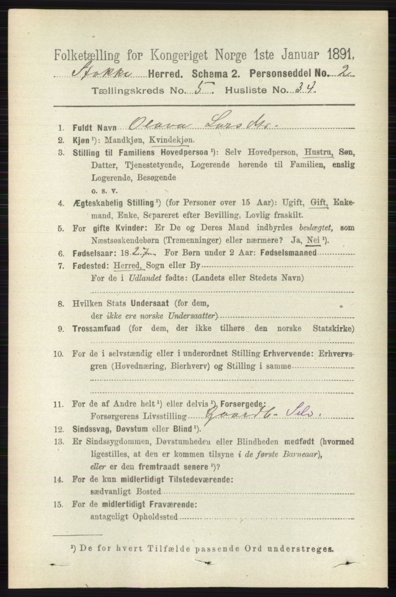 RA, 1891 census for 0720 Stokke, 1891, p. 3270