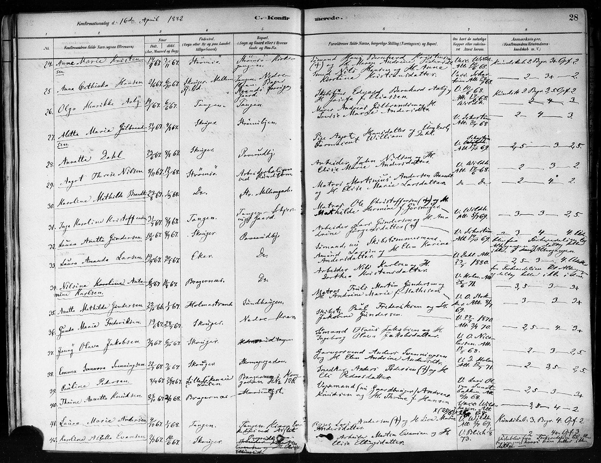 Strømsø kirkebøker, AV/SAKO-A-246/F/Fa/L0022: Parish register (official) no. I 22, 1879-1899, p. 28