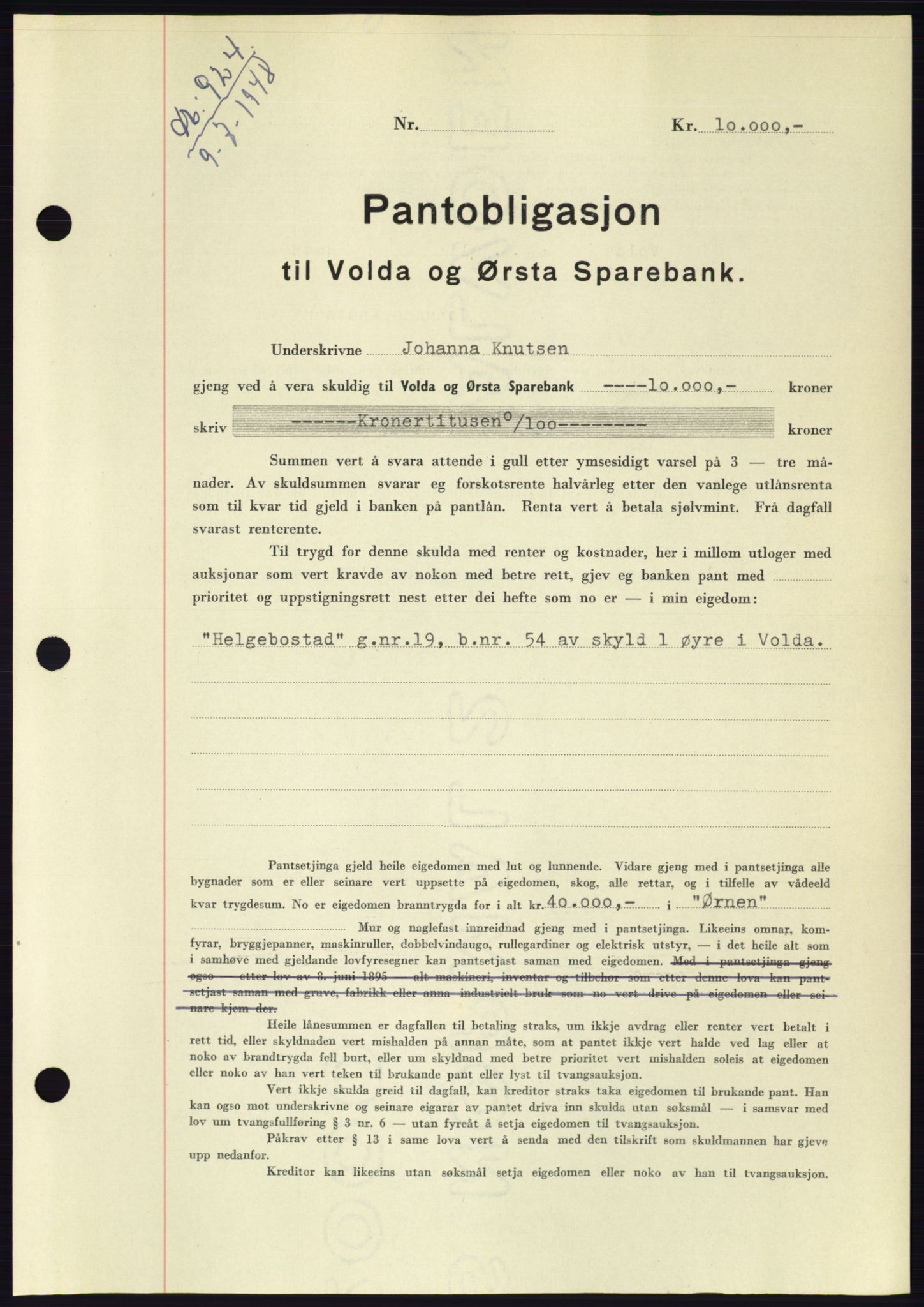 Søre Sunnmøre sorenskriveri, AV/SAT-A-4122/1/2/2C/L0116: Mortgage book no. 4B, 1948-1949, Diary no: : 924/1948