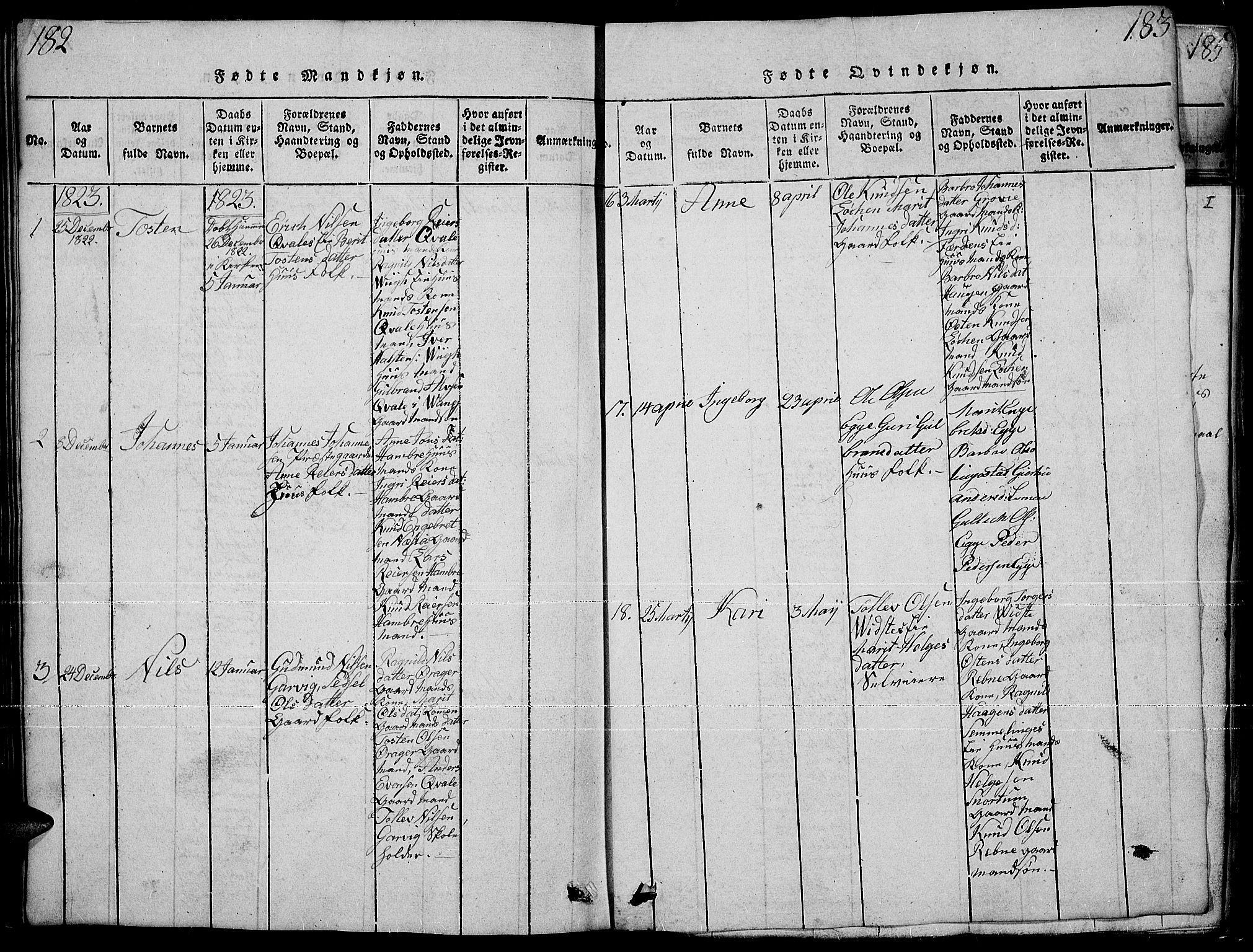 Slidre prestekontor, SAH/PREST-134/H/Ha/Hab/L0001: Parish register (copy) no. 1, 1814-1838, p. 182-183