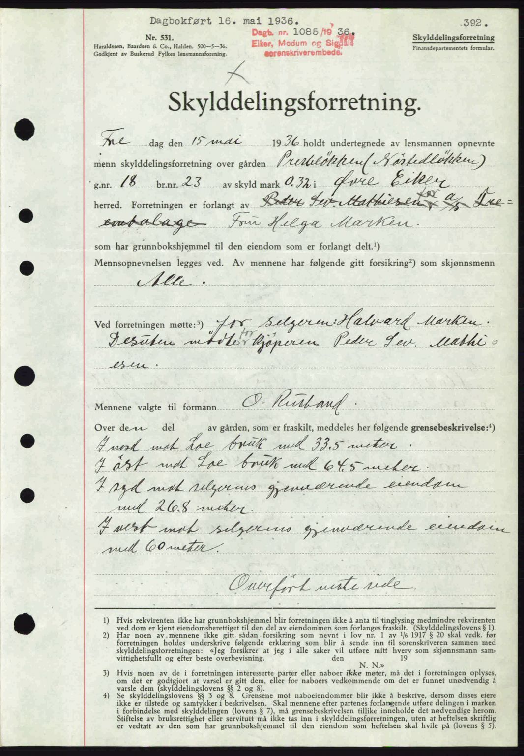 Eiker, Modum og Sigdal sorenskriveri, SAKO/A-123/G/Ga/Gab/L0032: Mortgage book no. A2, 1936-1936, Diary no: : 1085/1936