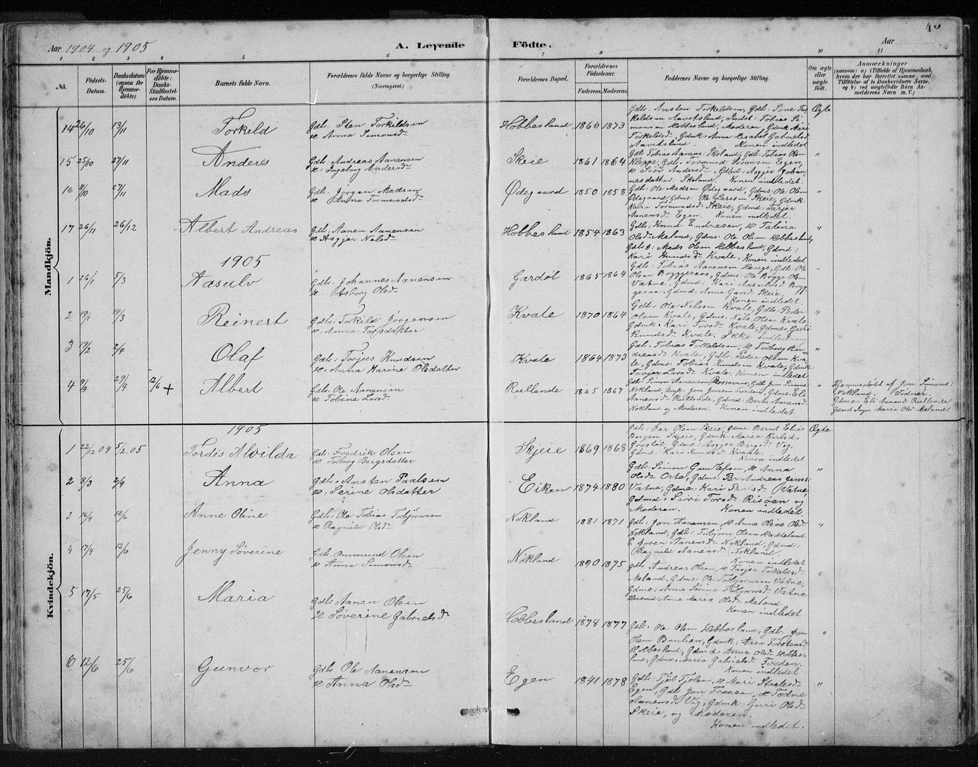 Hægebostad sokneprestkontor, SAK/1111-0024/F/Fb/Fbb/L0003: Parish register (copy) no. B 3, 1887-1937, p. 45