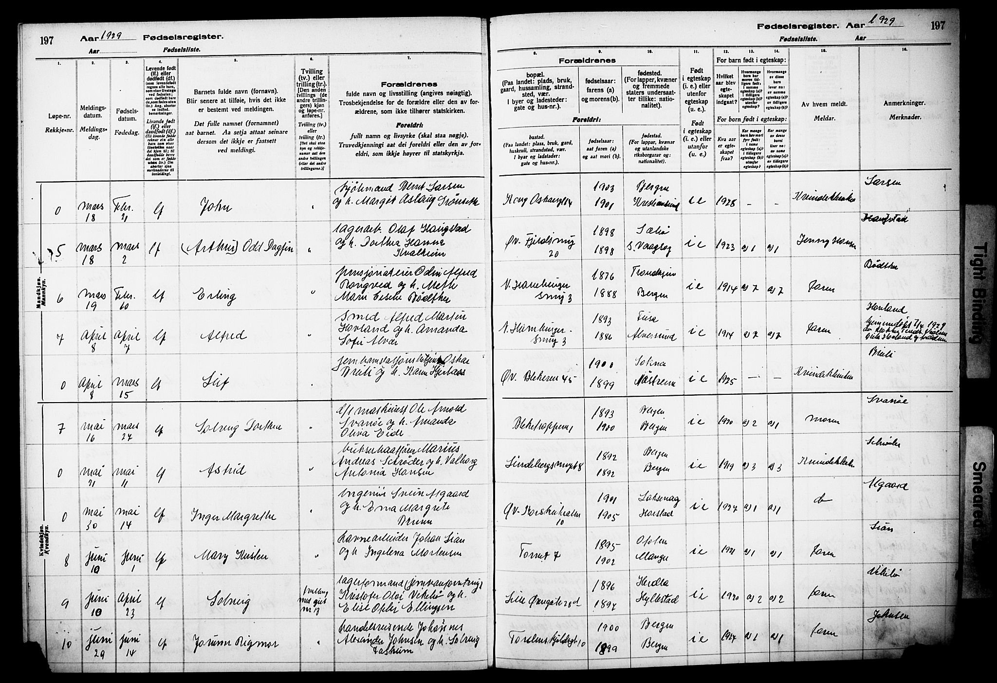 Korskirken sokneprestembete, AV/SAB-A-76101/I/Id/L00A1: Birth register no. A 1, 1916-1929, p. 197