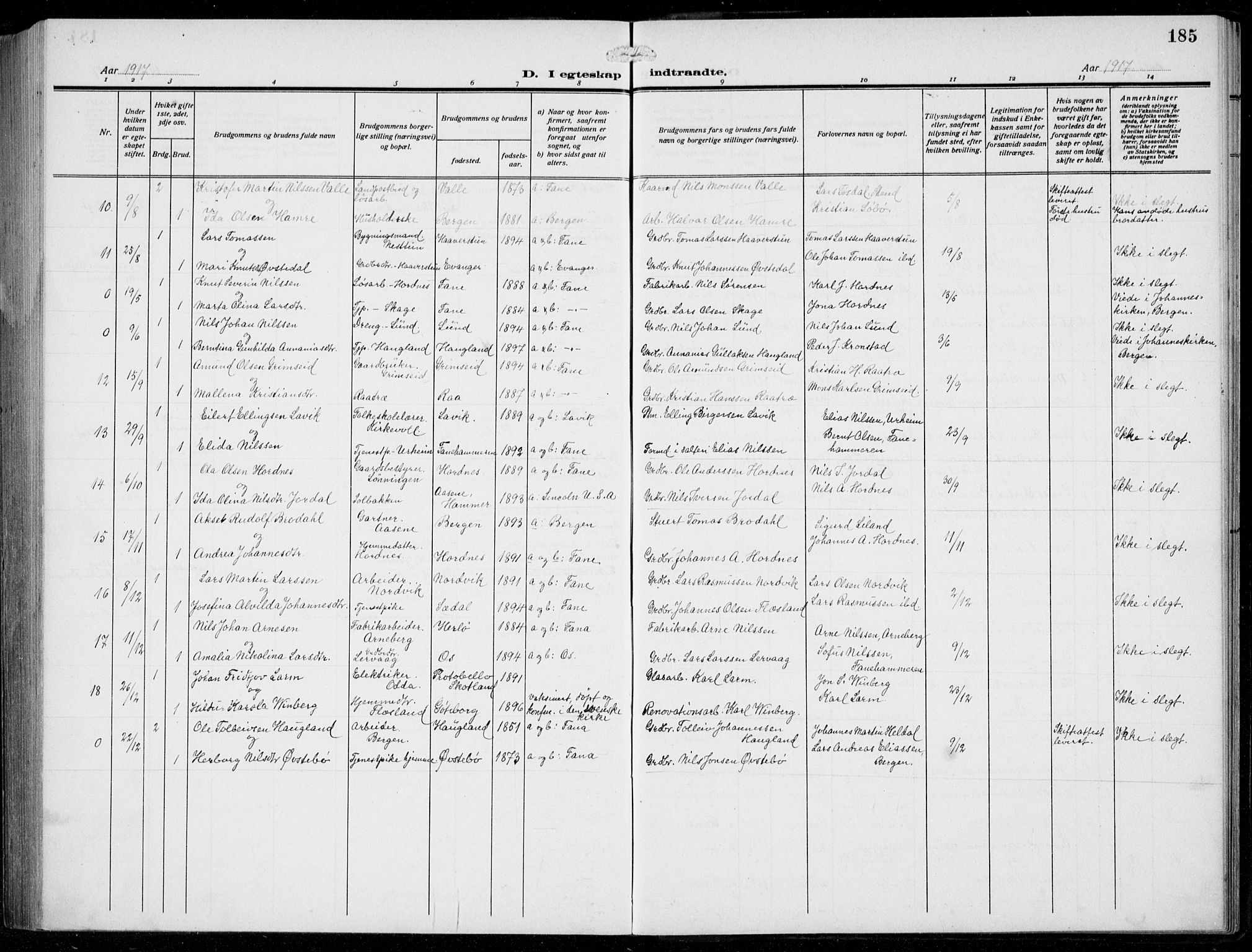 Fana Sokneprestembete, SAB/A-75101/H/Hab/Haba/L0005: Parish register (copy) no. A 5, 1911-1932, p. 185