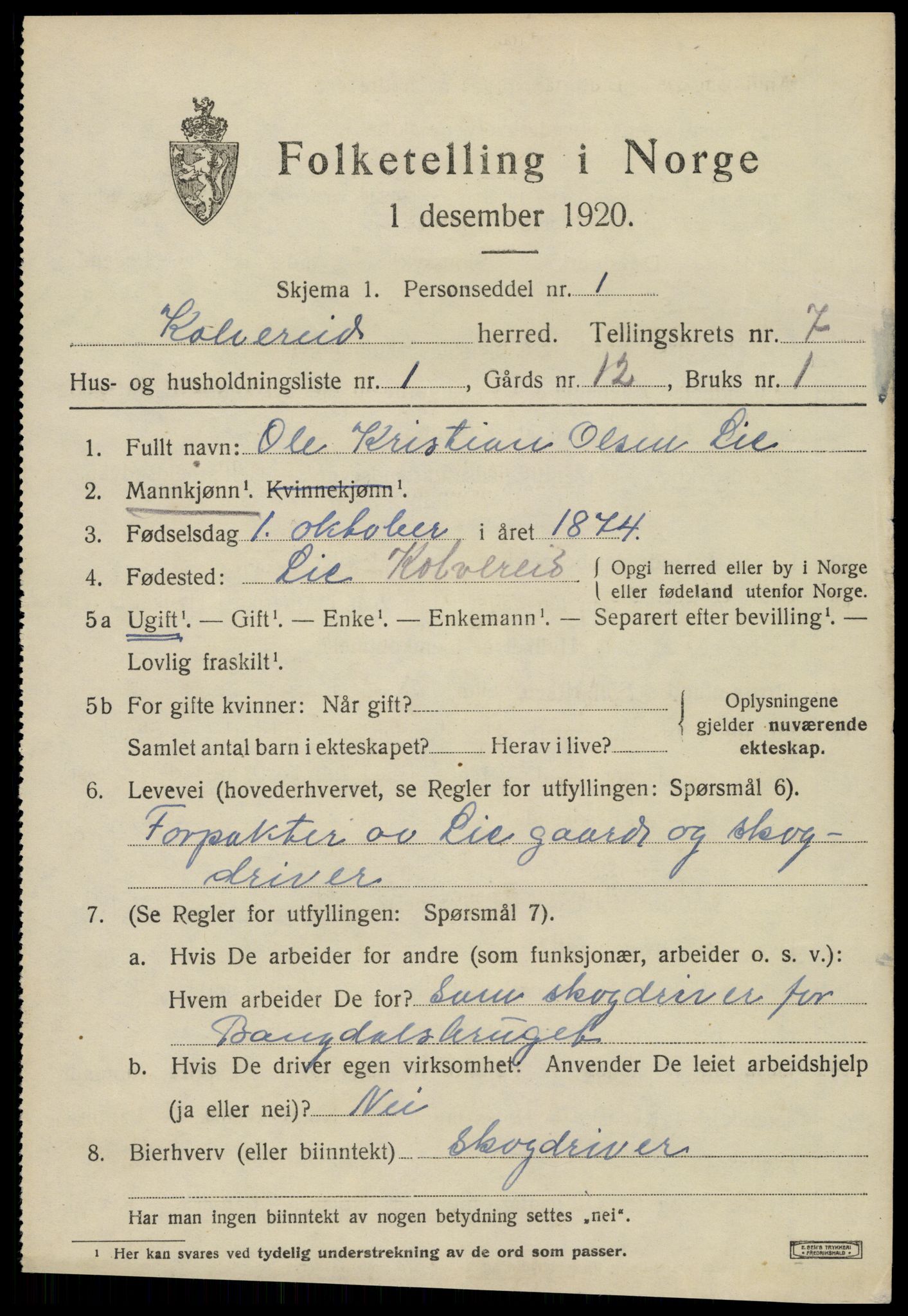 SAT, 1920 census for Kolvereid, 1920, p. 3933