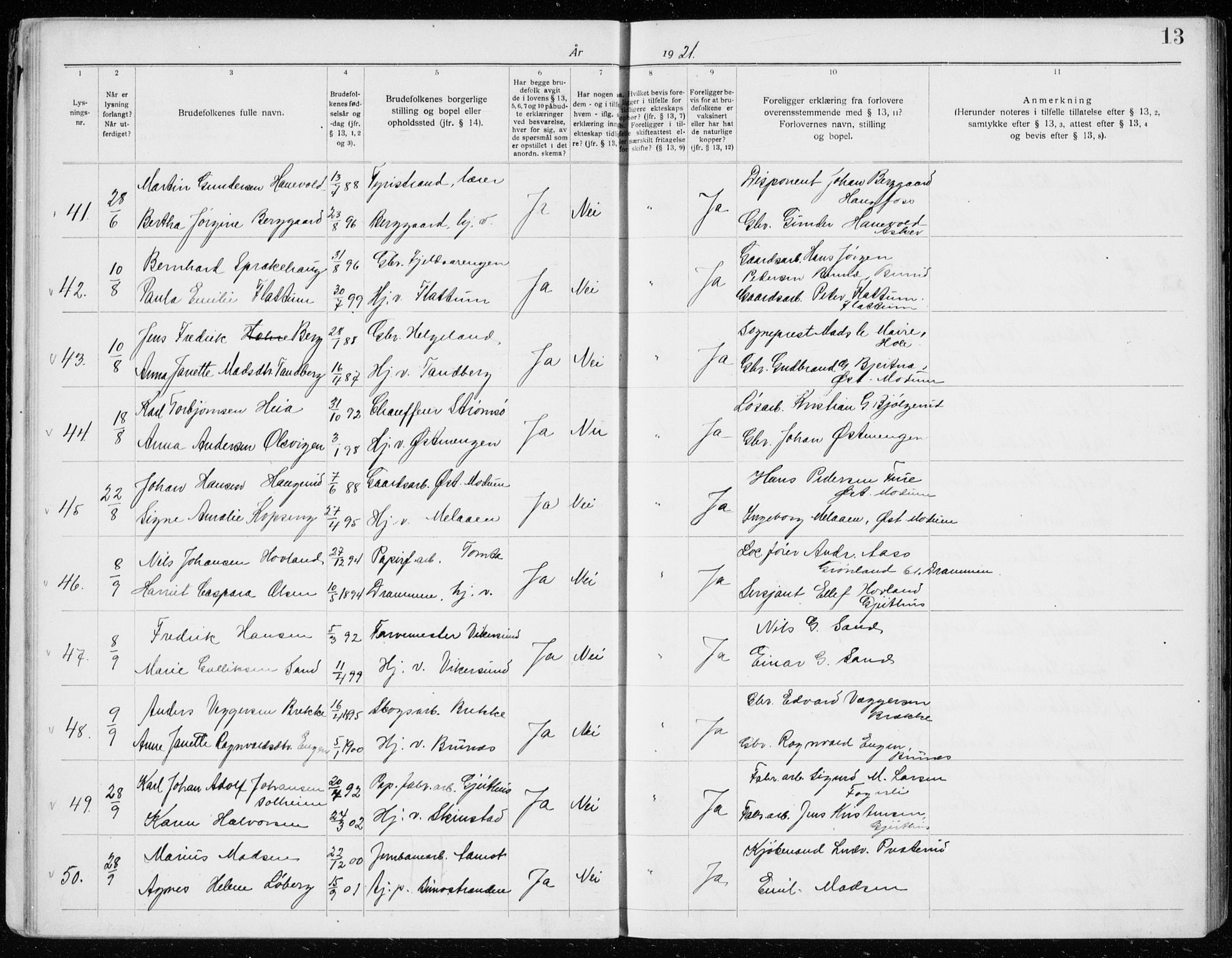Modum kirkebøker, AV/SAKO-A-234/H/Ha/L0003: Banns register no. I 3, 1920-1934, p. 13
