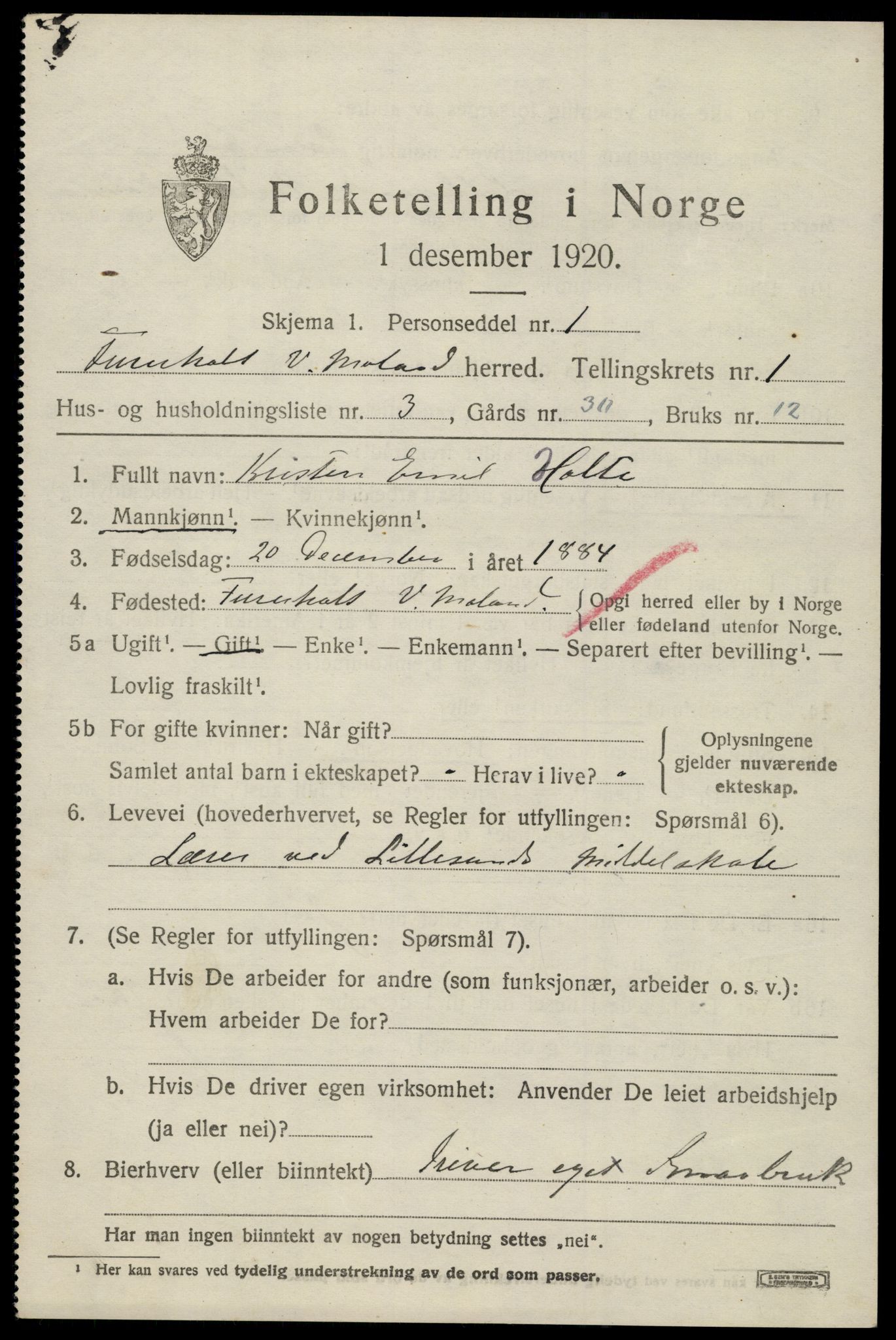 SAK, 1920 census for Vestre Moland, 1920, p. 1059