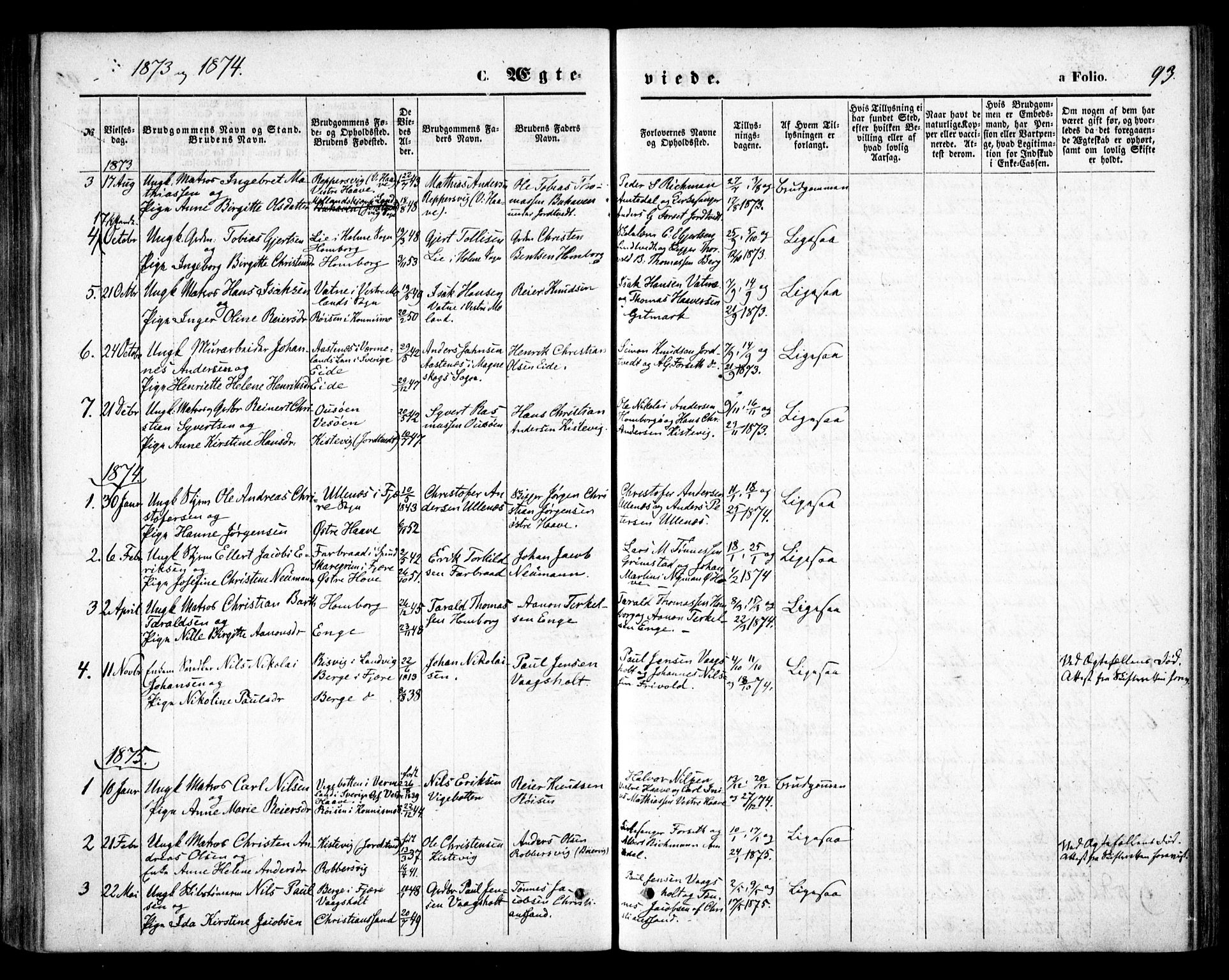Hommedal sokneprestkontor, SAK/1111-0023/F/Fa/Faa/L0002: Parish register (official) no. A 2, 1861-1884, p. 93