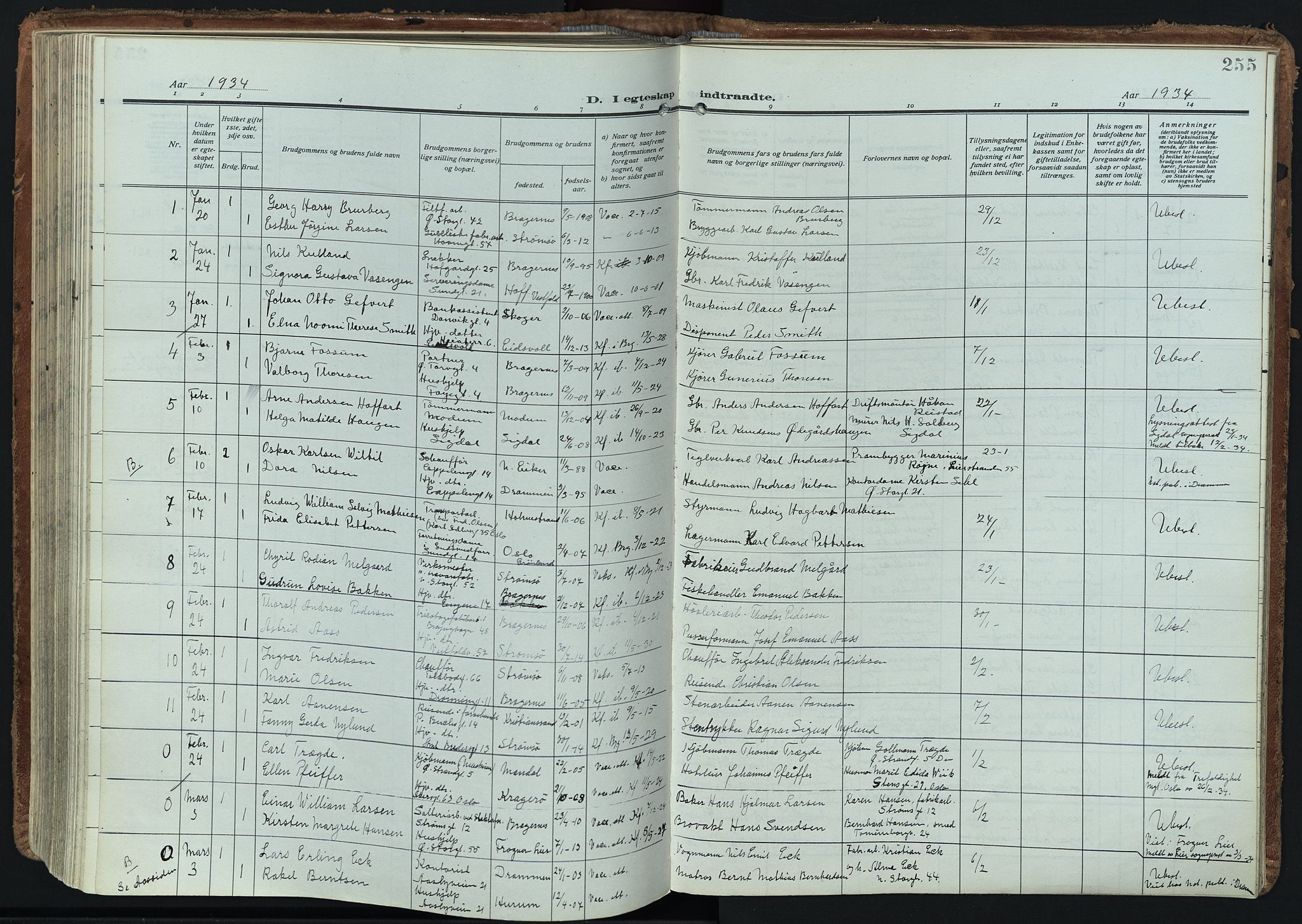 Bragernes kirkebøker, SAKO/A-6/F/Fc/L0009: Parish register (official) no. III 9, 1921-1939, p. 255