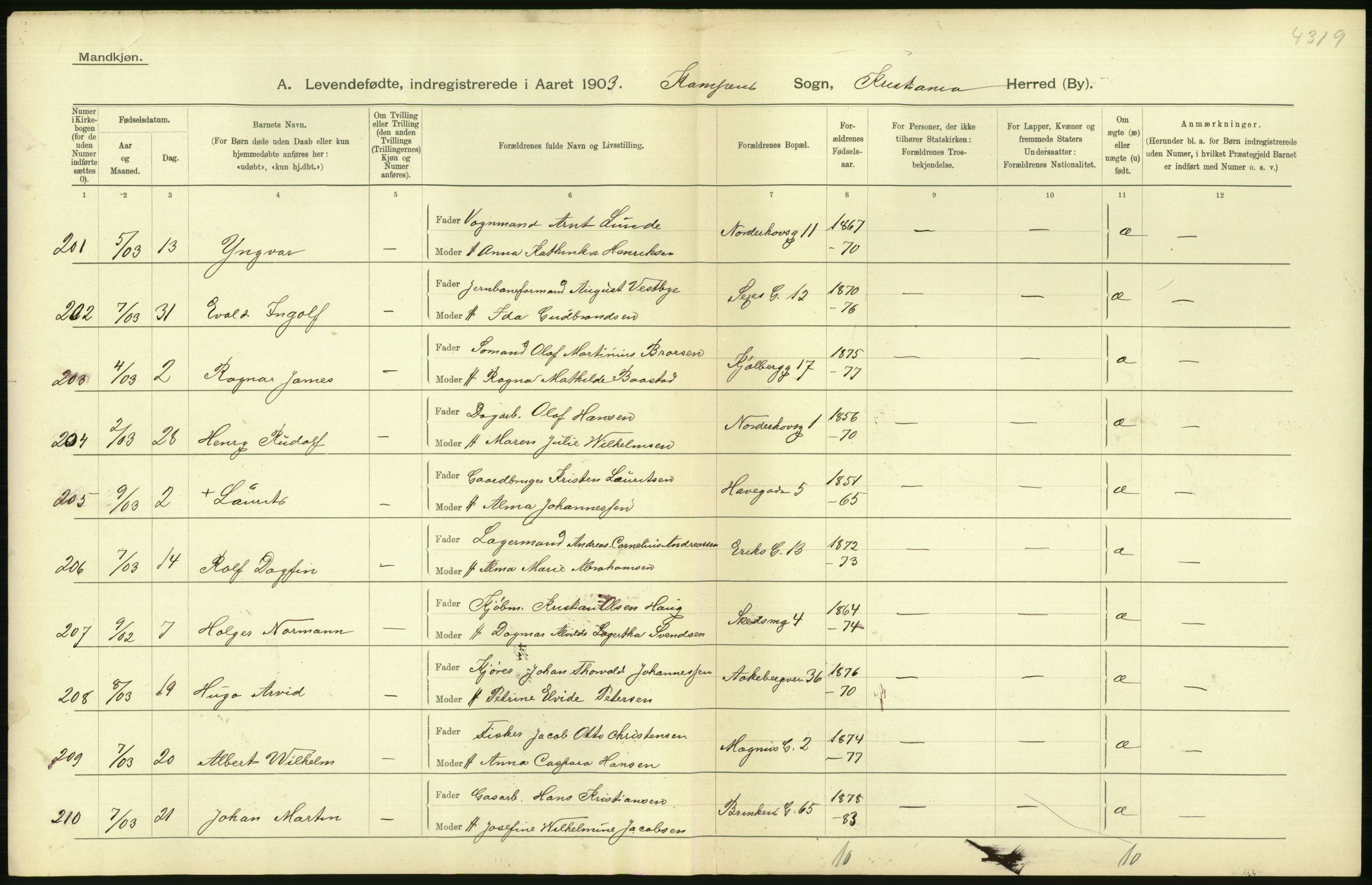 Statistisk sentralbyrå, Sosiodemografiske emner, Befolkning, AV/RA-S-2228/D/Df/Dfa/Dfaa/L0003: Kristiania: Fødte, 1903, p. 170