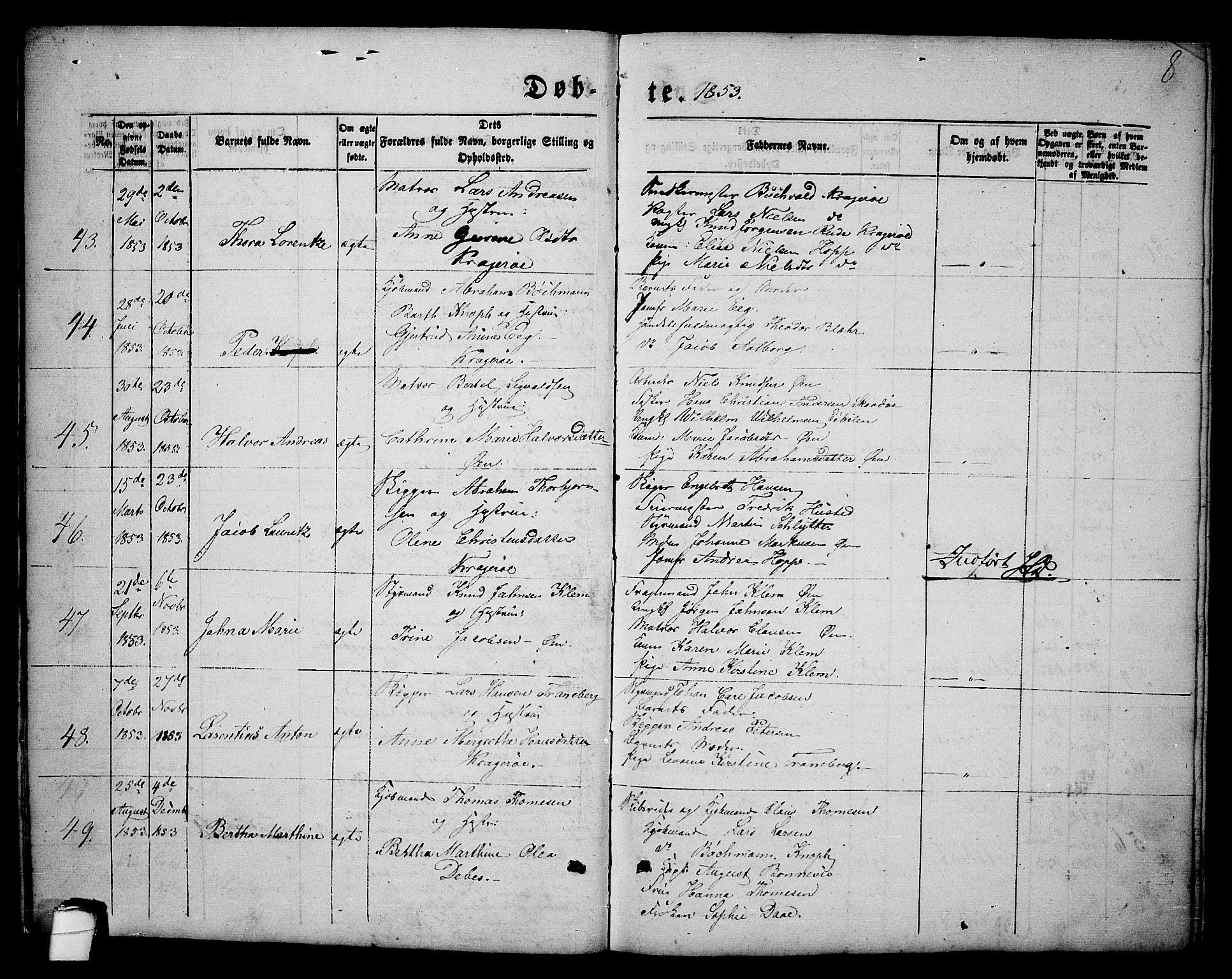 Kragerø kirkebøker, AV/SAKO-A-278/G/Ga/L0004: Parish register (copy) no. 4, 1853-1865, p. 8