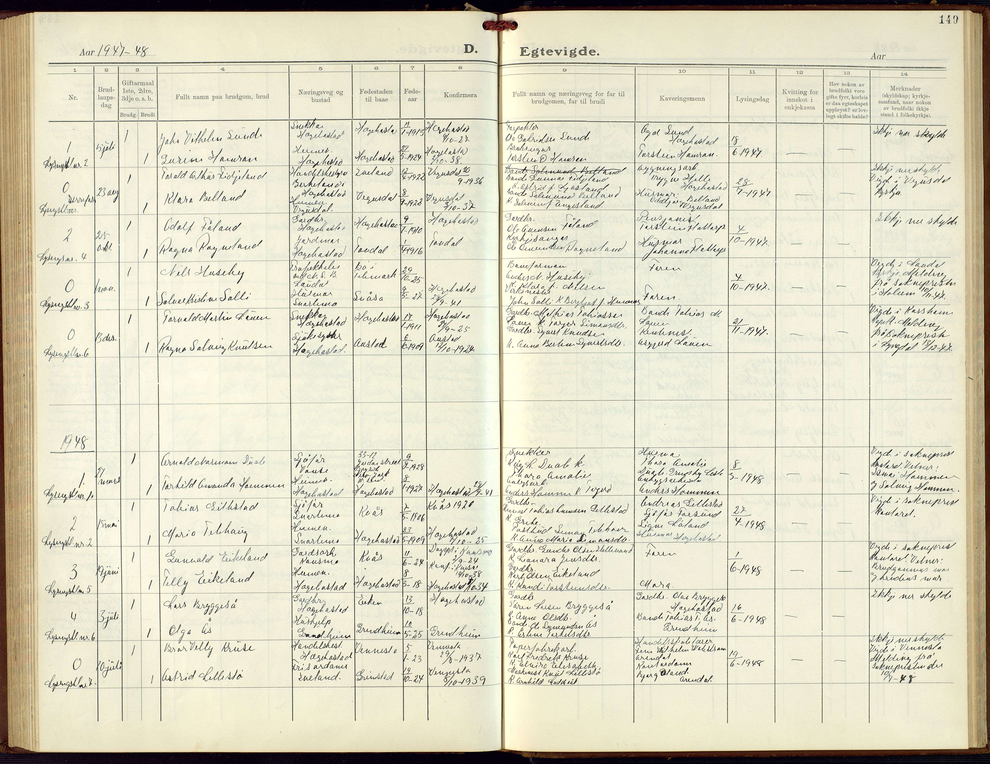 Hægebostad sokneprestkontor, SAK/1111-0024/F/Fb/Fba/L0006: Parish register (copy) no. B 6, 1931-1970, p. 149