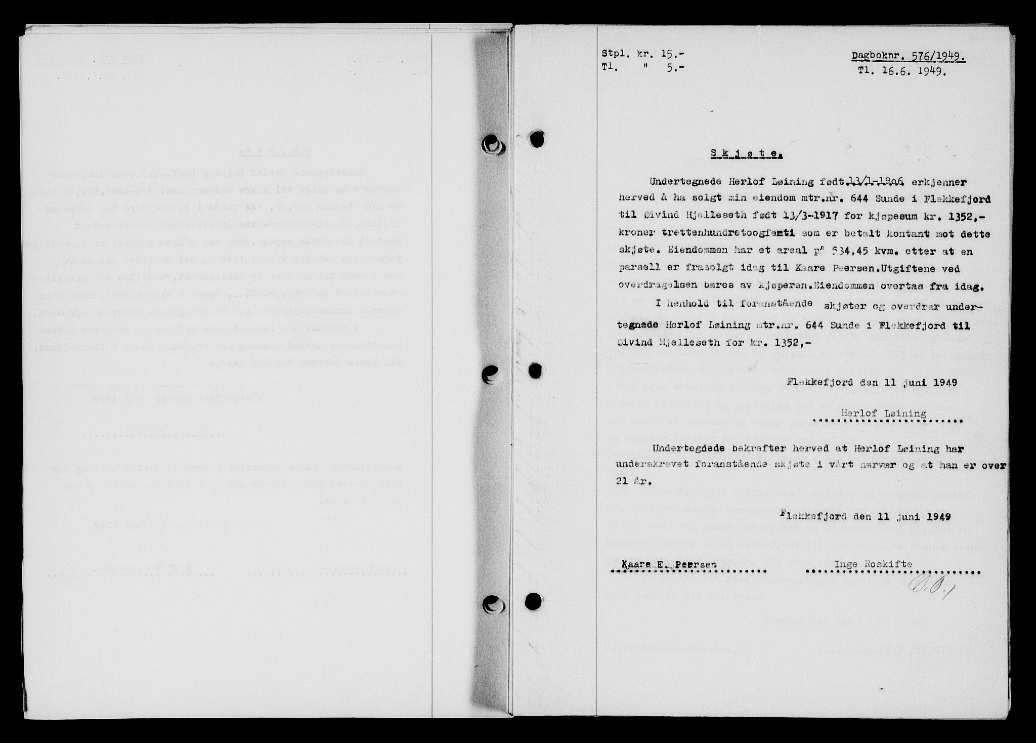 Flekkefjord sorenskriveri, SAK/1221-0001/G/Gb/Gba/L0065: Mortgage book no. A-13, 1949-1949, Diary no: : 576/1949