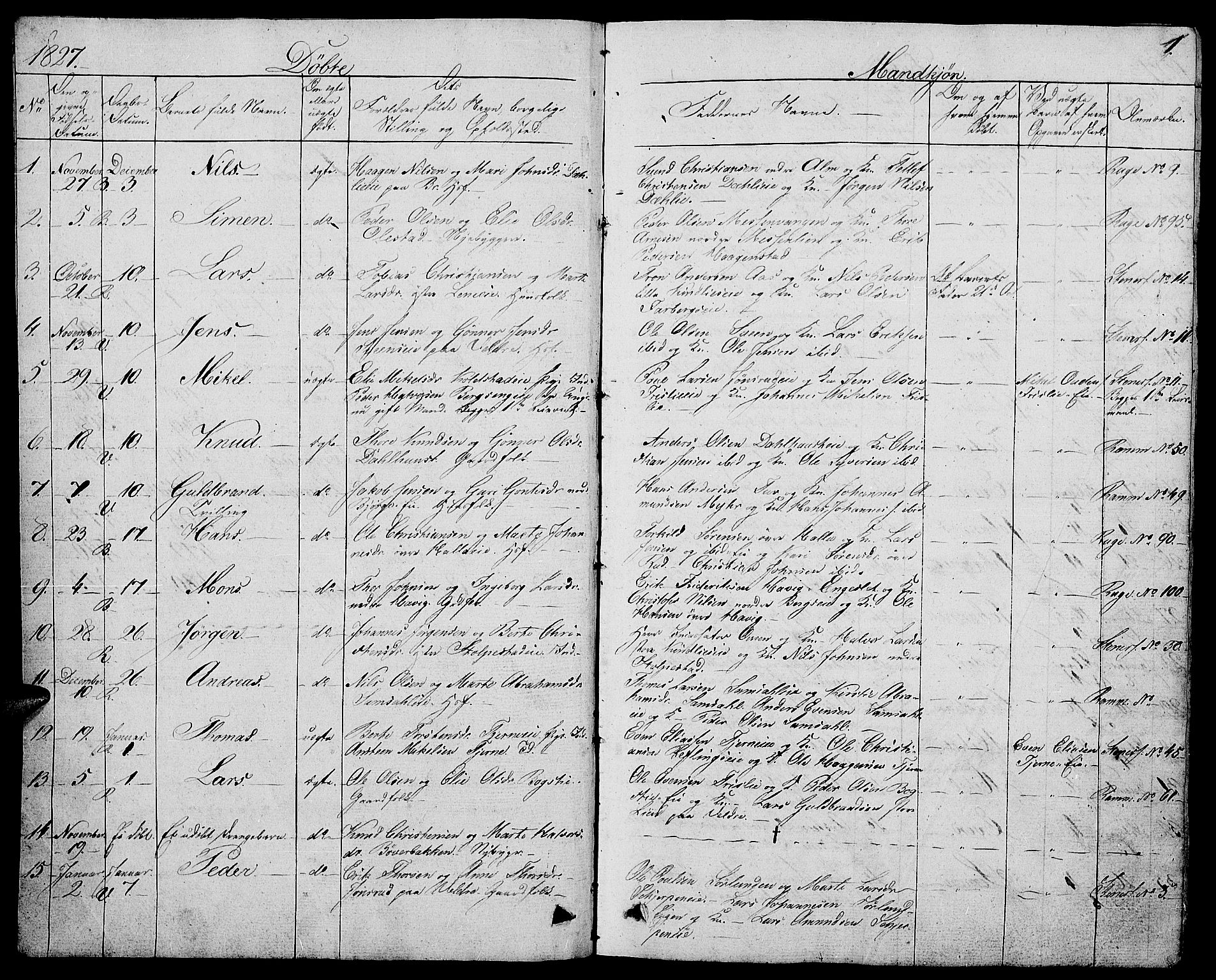 Ringsaker prestekontor, SAH/PREST-014/L/La/L0004: Parish register (copy) no. 4, 1827-1838, p. 1