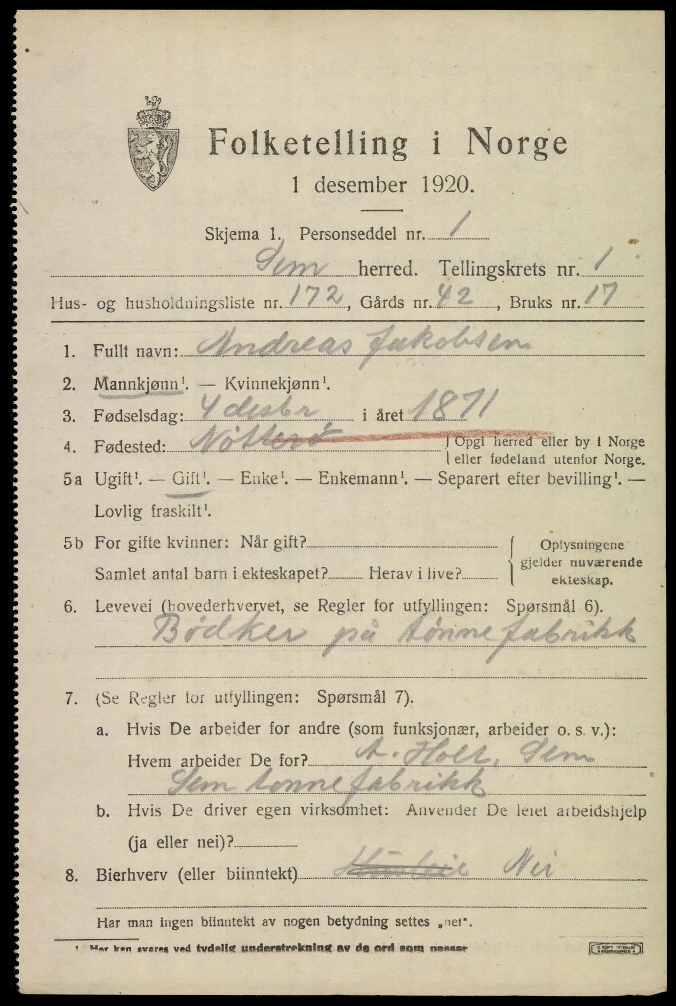 SAKO, 1920 census for Sem, 1920, p. 4993