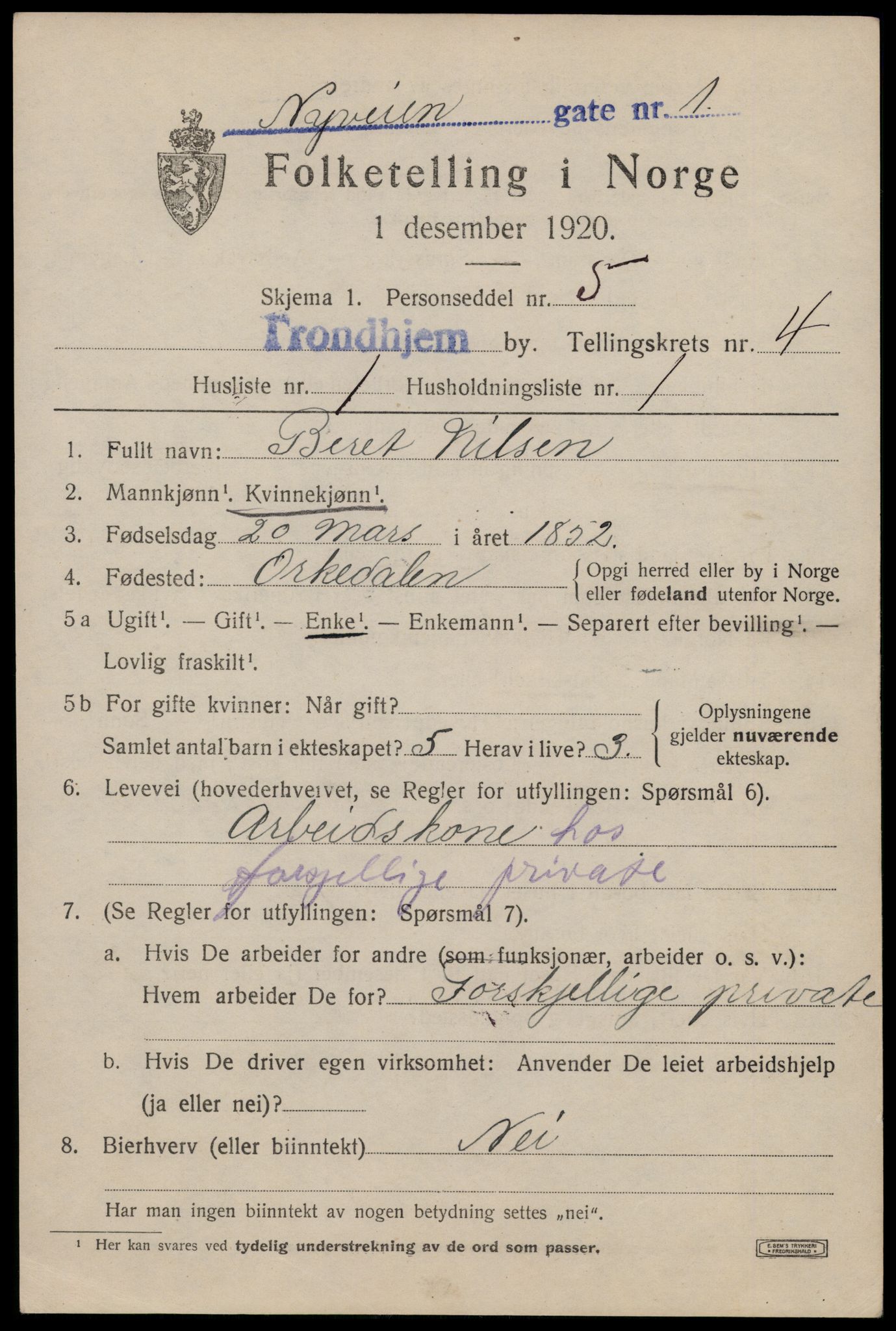 SAT, 1920 census for Trondheim, 1920, p. 36904