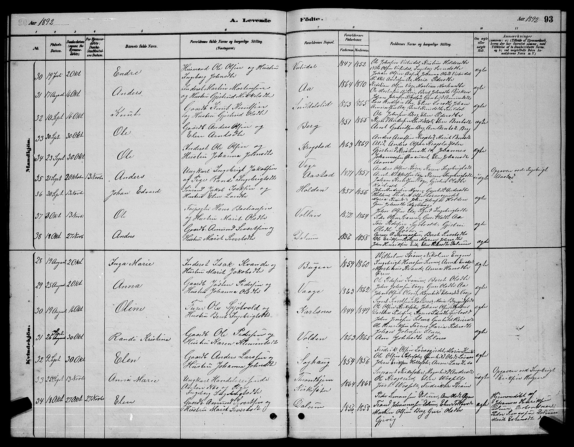 Ministerialprotokoller, klokkerbøker og fødselsregistre - Sør-Trøndelag, SAT/A-1456/630/L0504: Parish register (copy) no. 630C02, 1879-1898, p. 93