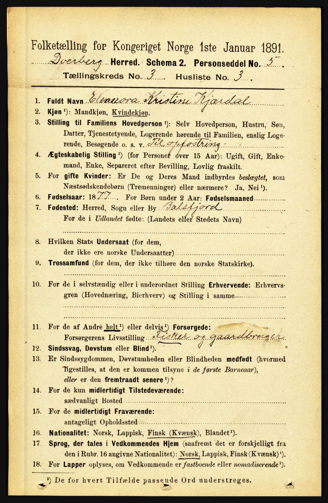 RA, 1891 census for 1872 Dverberg, 1891, p. 947