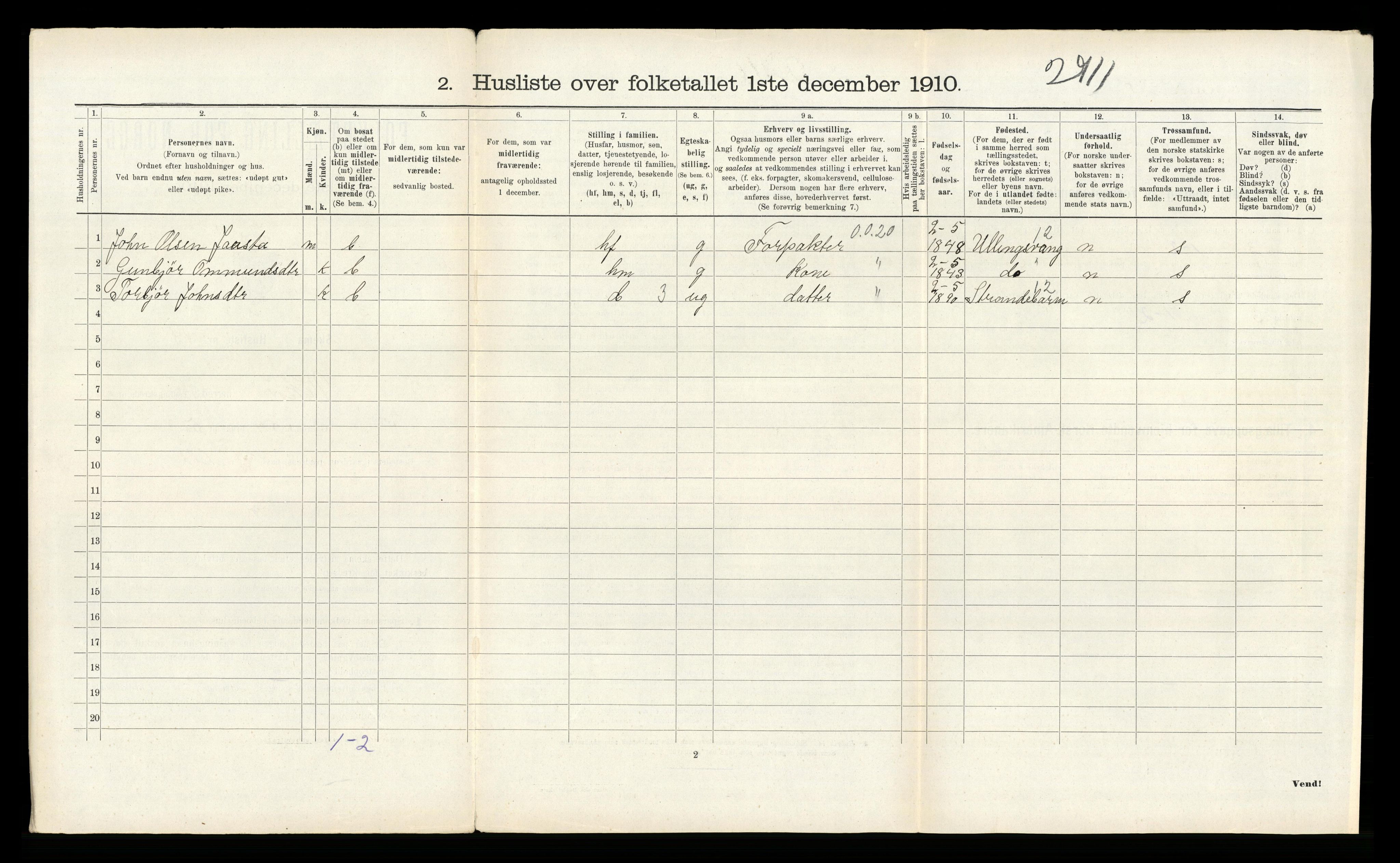 RA, 1910 census for Kvam, 1910, p. 1104