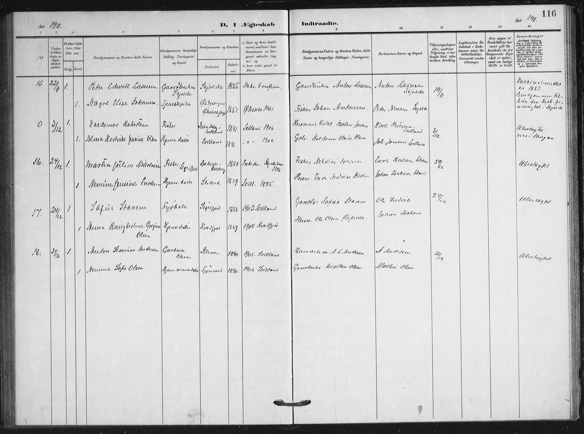 Ministerialprotokoller, klokkerbøker og fødselsregistre - Nordland, AV/SAT-A-1459/895/L1373: Parish register (official) no. 895A08, 1905-1915, p. 116