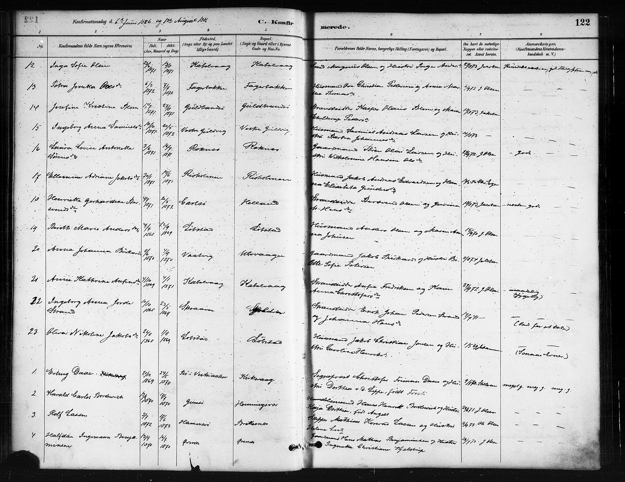 Ministerialprotokoller, klokkerbøker og fødselsregistre - Nordland, AV/SAT-A-1459/874/L1059: Parish register (official) no. 874A03, 1884-1890, p. 122