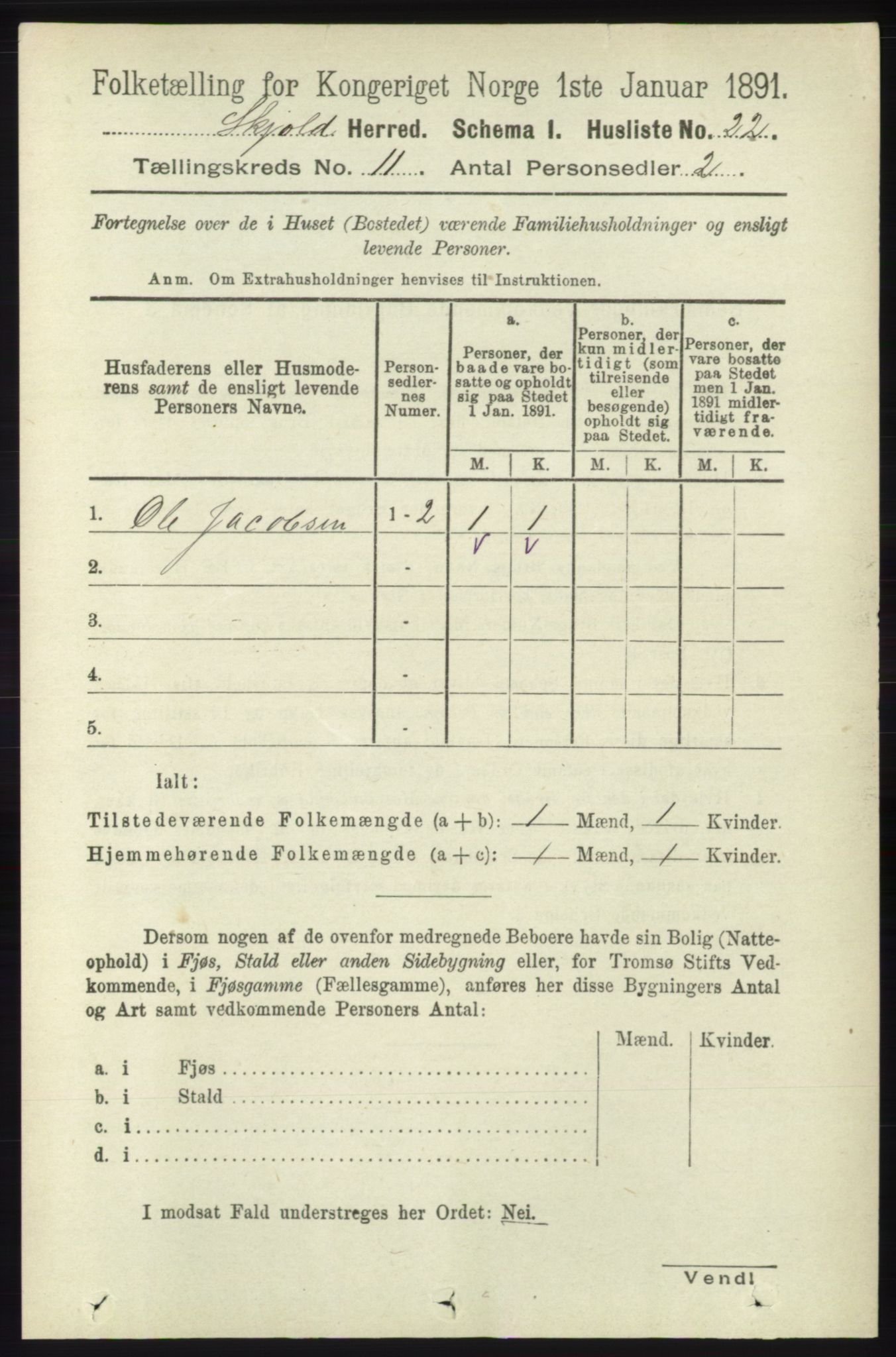 RA, 1891 census for 1154 Skjold, 1891, p. 2057