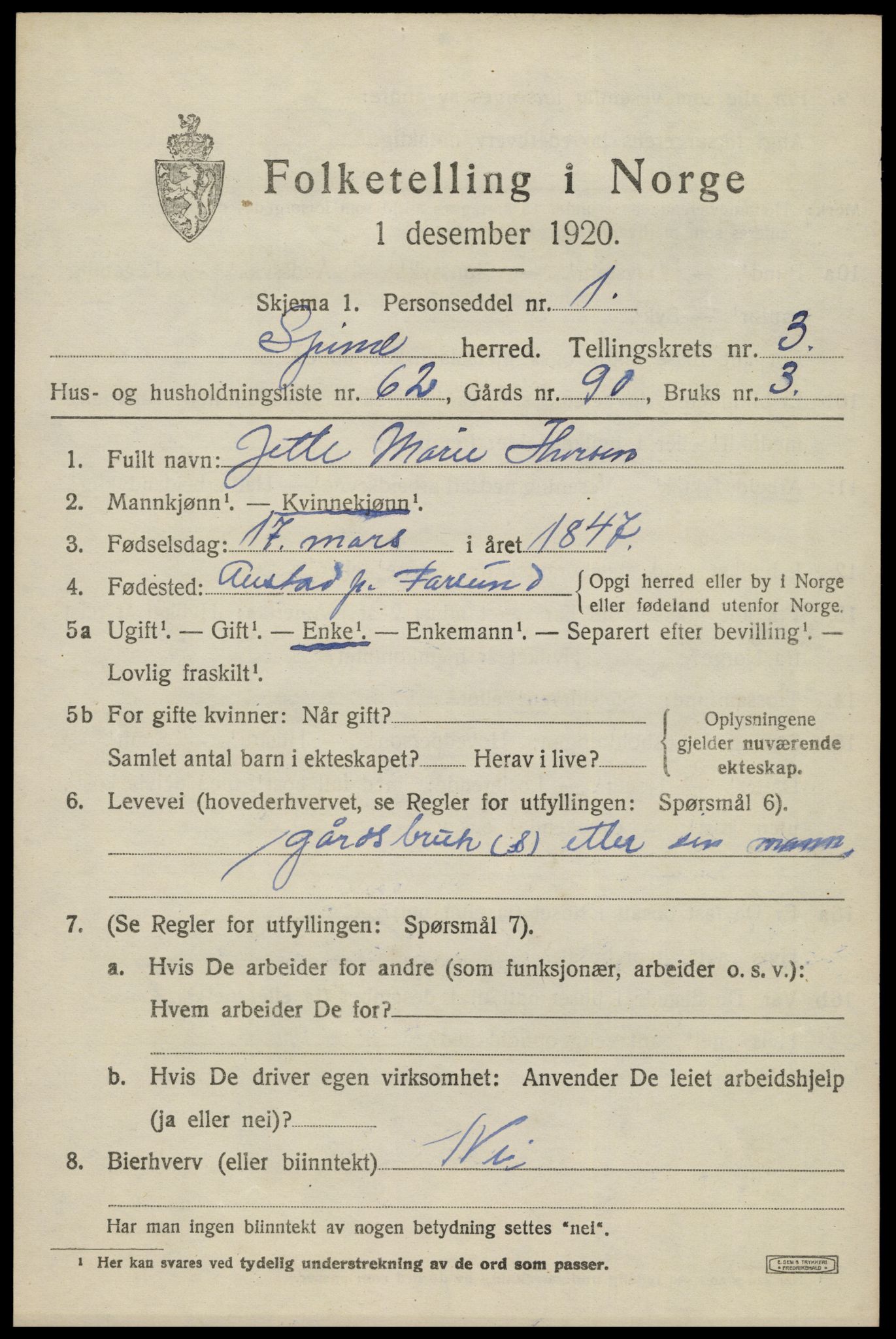 SAK, 1920 census for Spind, 1920, p. 2175