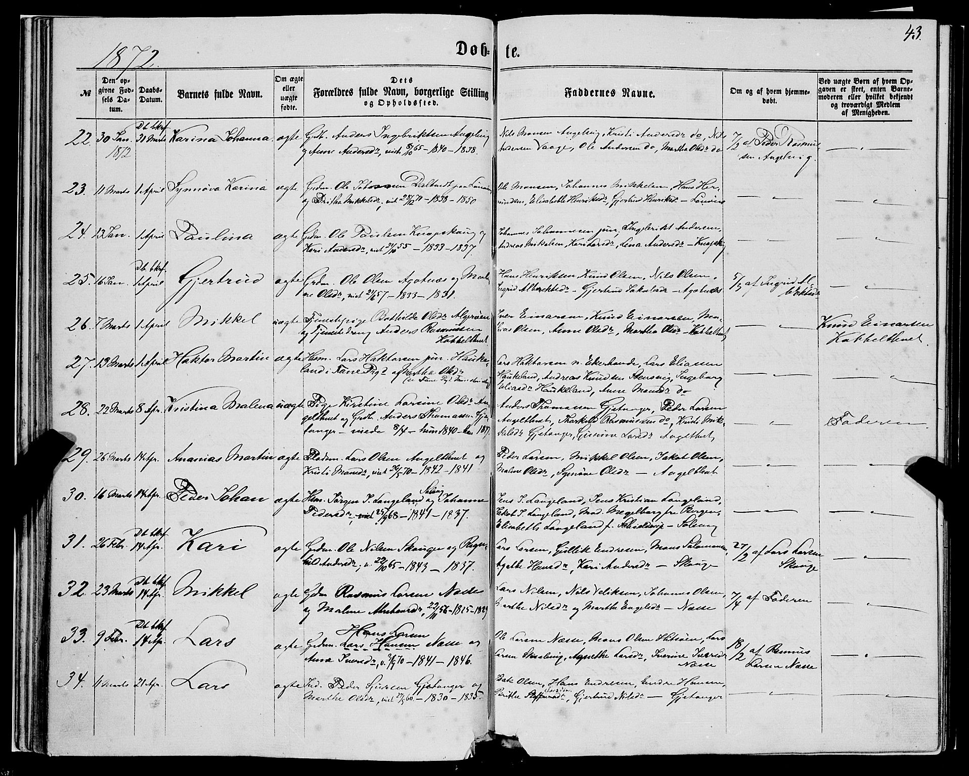 Fjell sokneprestembete, SAB/A-75301/H/Haa: Parish register (official) no. A 3, 1864-1877, p. 43
