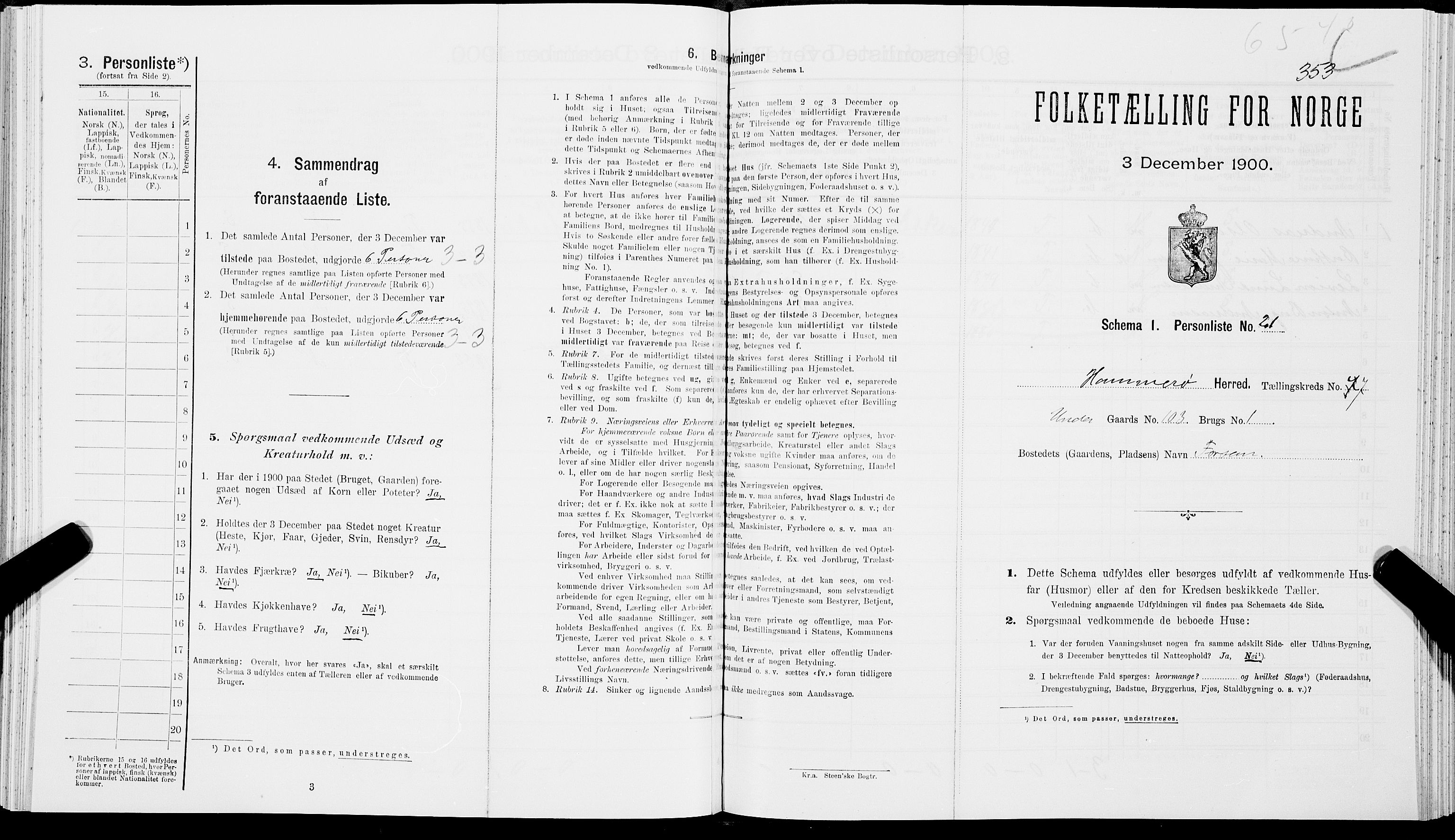 SAT, 1900 census for Hamarøy, 1900, p. 843