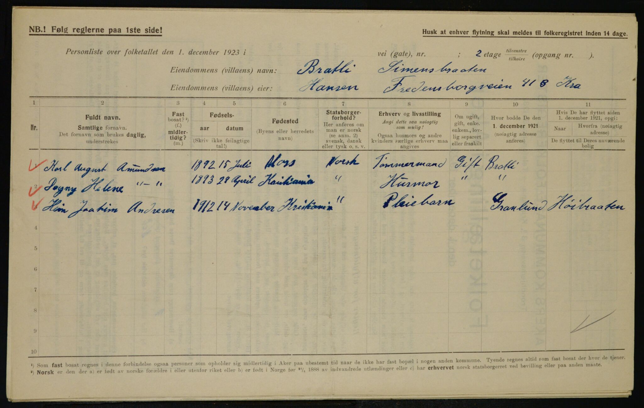 , Municipal Census 1923 for Aker, 1923, p. 36822