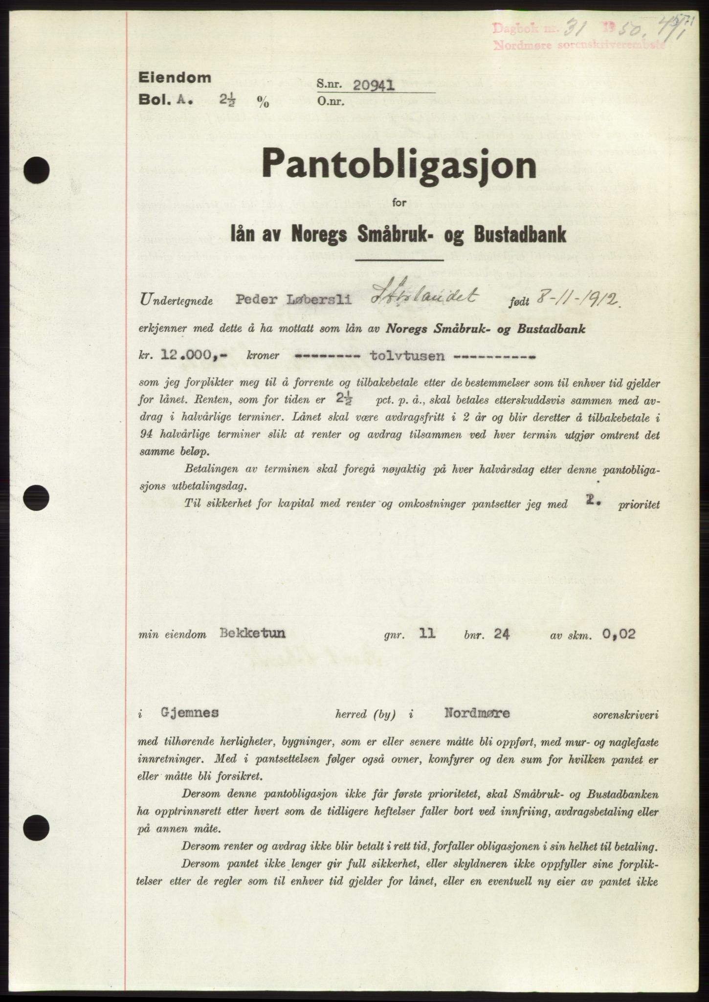 Nordmøre sorenskriveri, AV/SAT-A-4132/1/2/2Ca: Mortgage book no. B103, 1949-1950, Diary no: : 31/1950