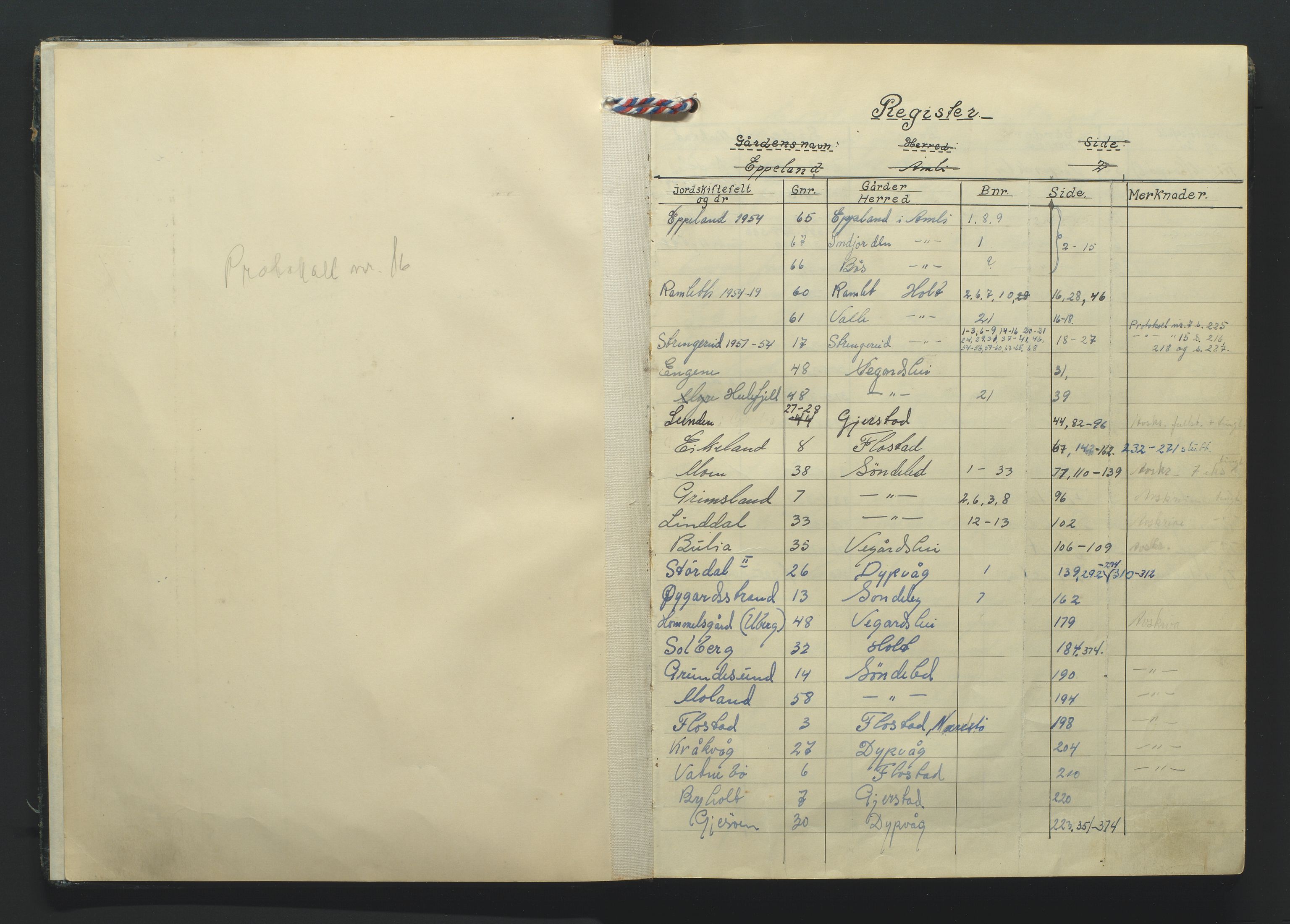 Nedenes jordskifterett, AV/SAK-1541-0007/F/Fa/Faa/L0003: Jordskifteprotokoll med gårdsregister, Holt domssokn nr 16, 1954-1959