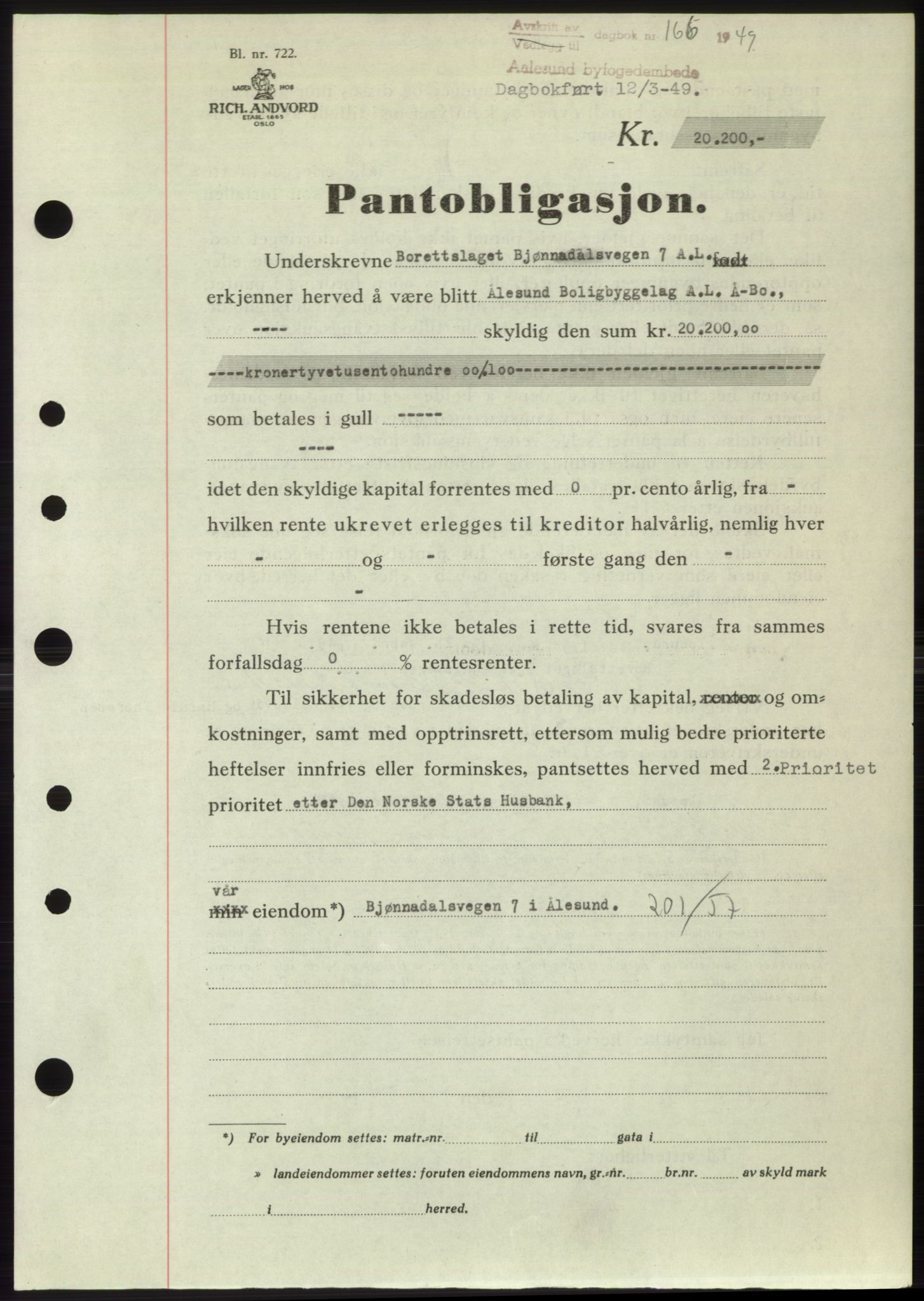 Ålesund byfogd, AV/SAT-A-4384: Mortgage book no. B36-38, 1948-1950, Diary no: : 166/1949